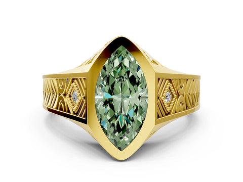 Yellow gold Hexagonal Bezel Fancy Green Marquise Cut Diamond Engraved Band Prong Ring_24