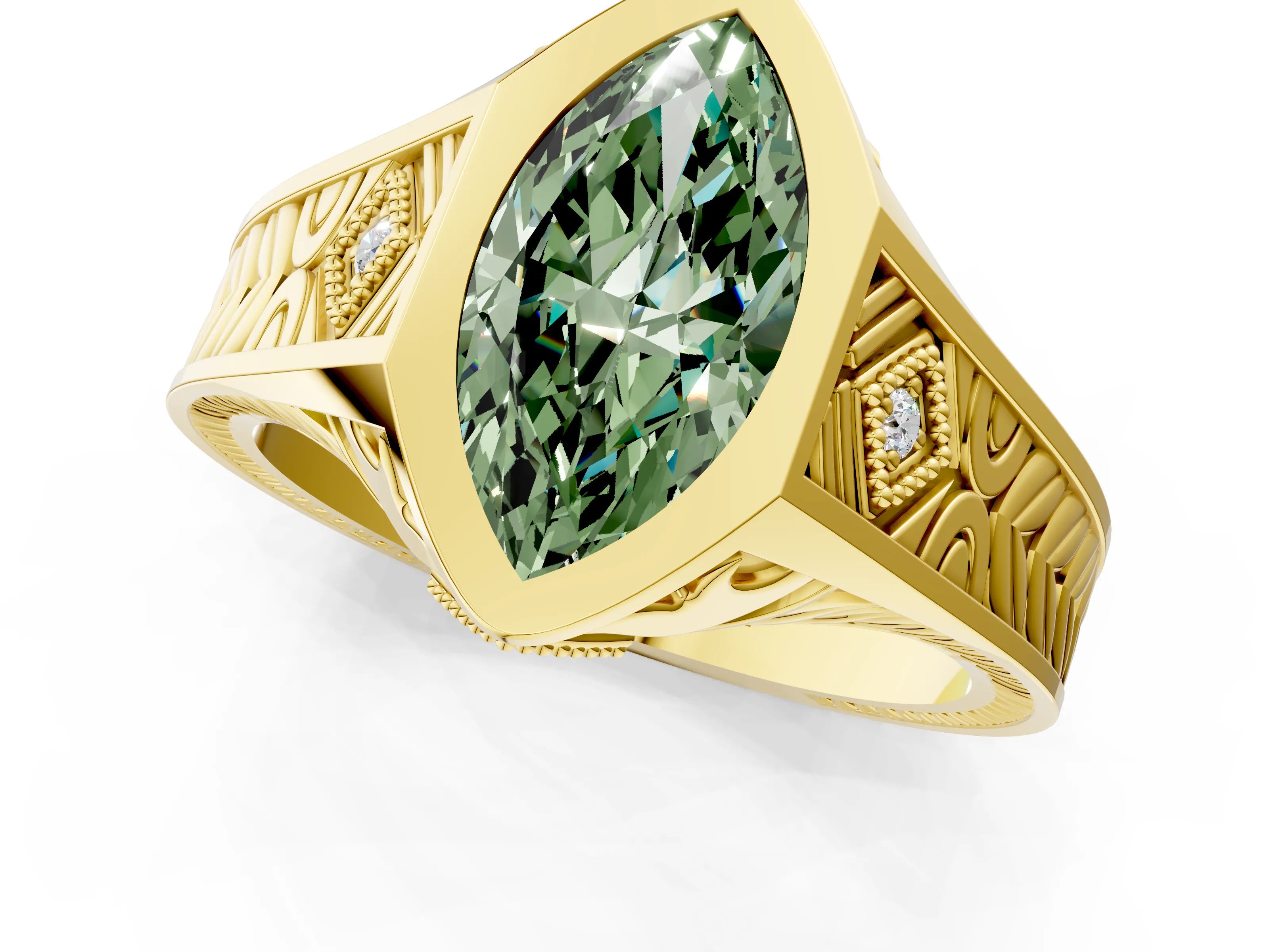 Yellow gold Hexagonal Bezel Fancy Green Marquise Cut Diamond Engraved Band Prong Ring_25