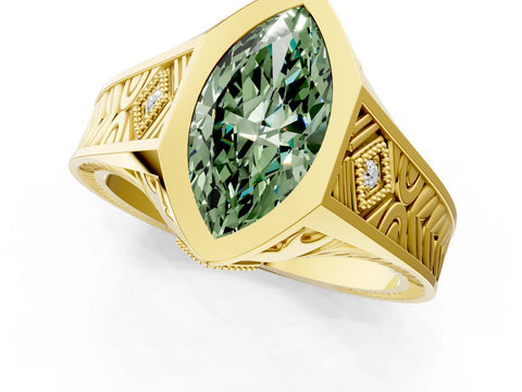 Yellow gold Hexagonal Bezel Fancy Green Marquise Cut Diamond Engraved Band Prong Ring_25