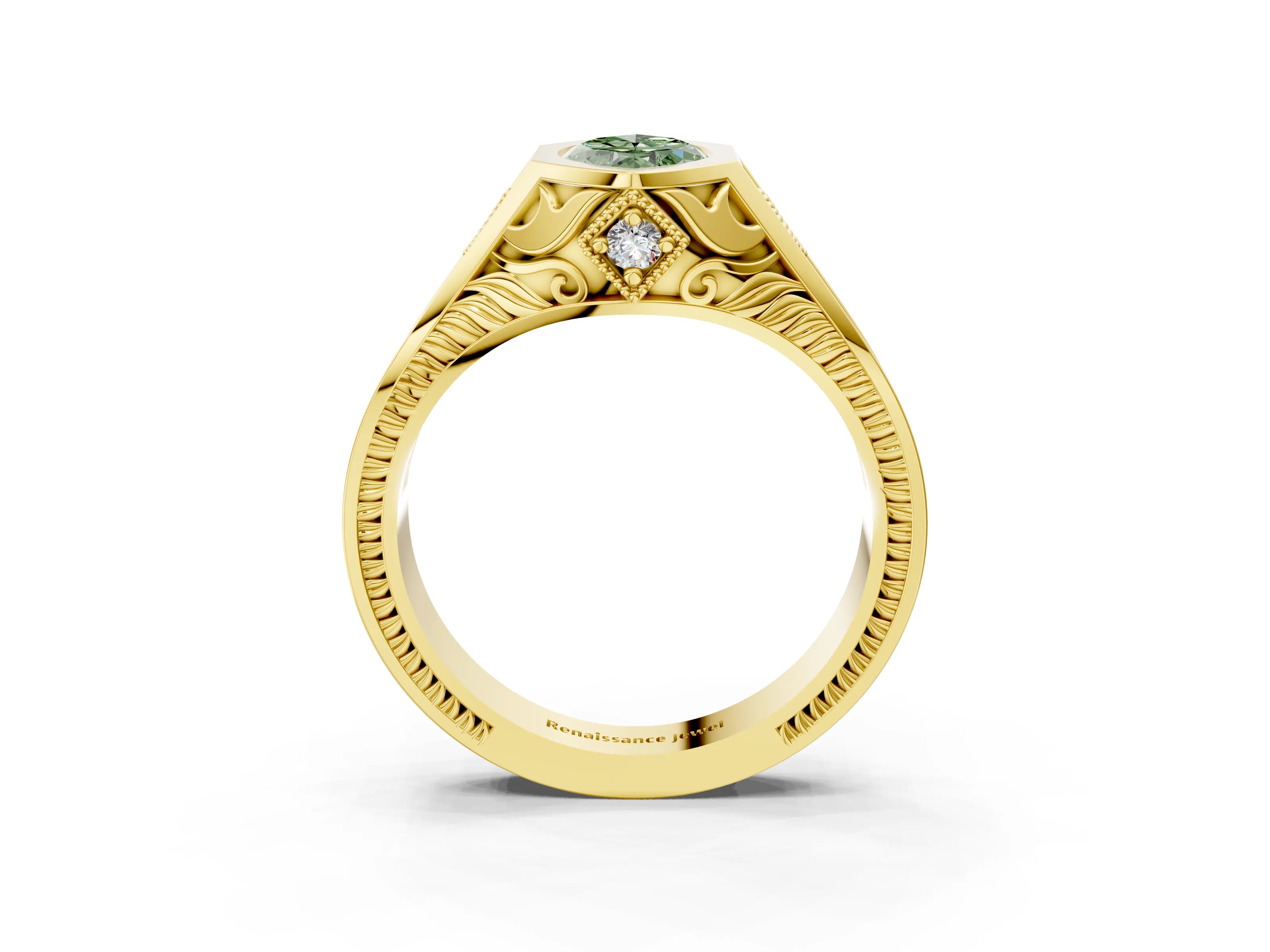 Yellow gold Hexagonal Bezel Fancy Green Marquise Cut Diamond Engraved Band Prong Ring_27