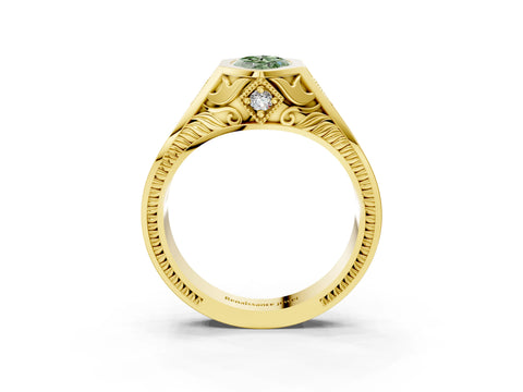 Yellow gold Hexagonal Bezel Fancy Green Marquise Cut Diamond Engraved Band Prong Ring_27