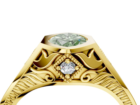 Yellow gold Hexagonal Bezel Fancy Green Marquise Cut Diamond Engraved Band Prong Ring_28