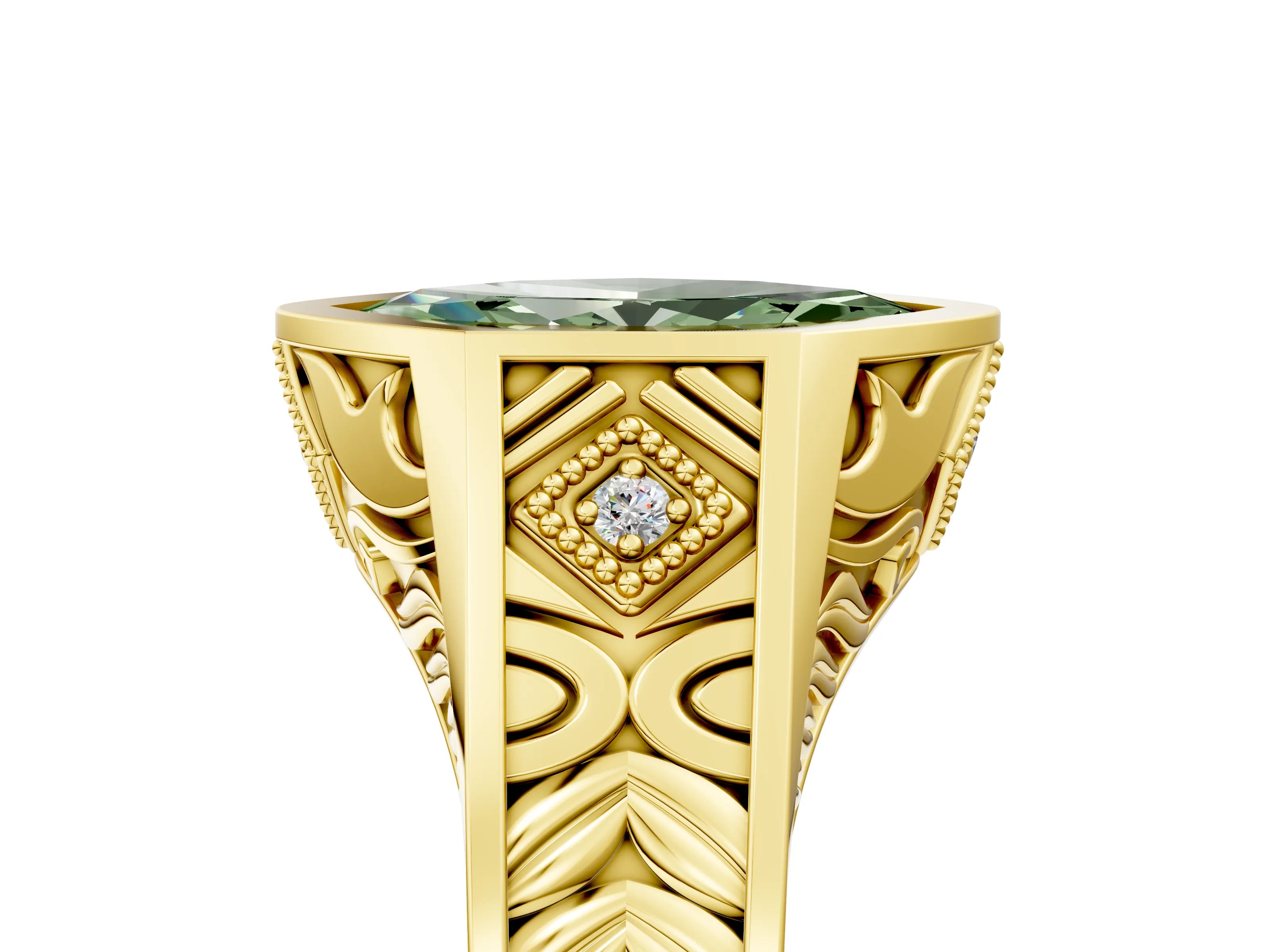 Yellow gold Hexagonal Bezel Fancy Green Marquise Cut Diamond Engraved Band Prong Ring_29