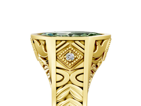 Yellow gold Hexagonal Bezel Fancy Green Marquise Cut Diamond Engraved Band Prong Ring_29