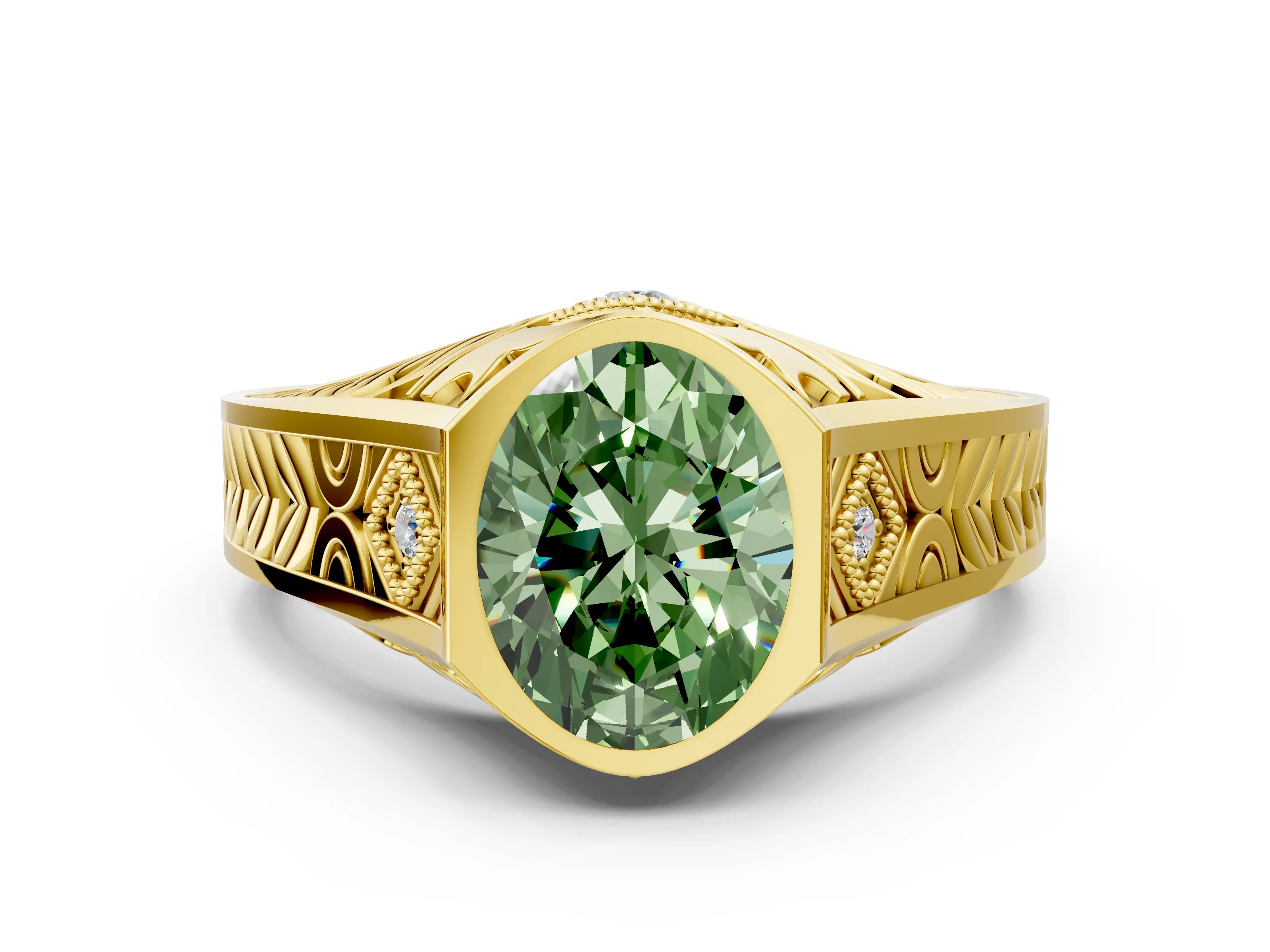 Yellow gold Hexagonal Bezel Fancy Green Oval Cut Diamond Engraved Band Prong Ring