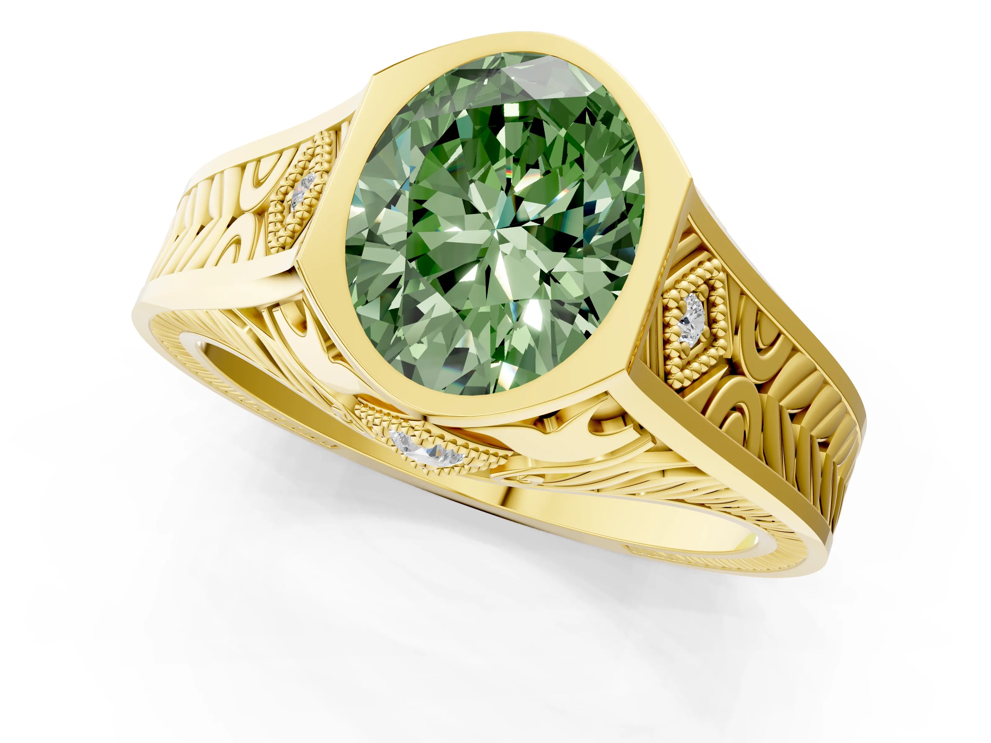 Yellow gold Hexagonal Bezel Fancy Green Oval Cut Diamond Engraved Band Prong Ring_1