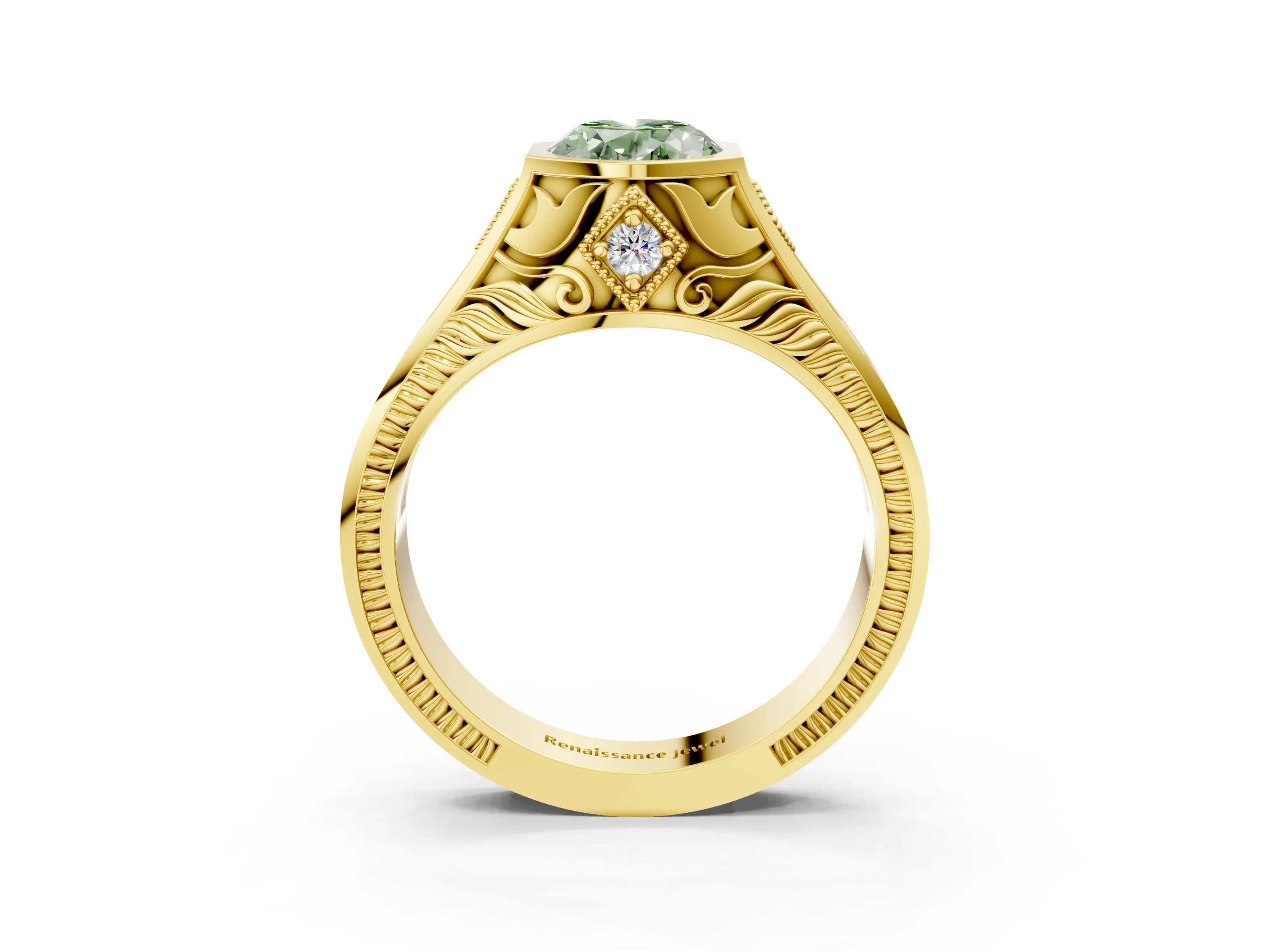 Yellow gold Hexagonal Bezel Fancy Green Oval Cut Diamond Engraved Band Prong Ring_3