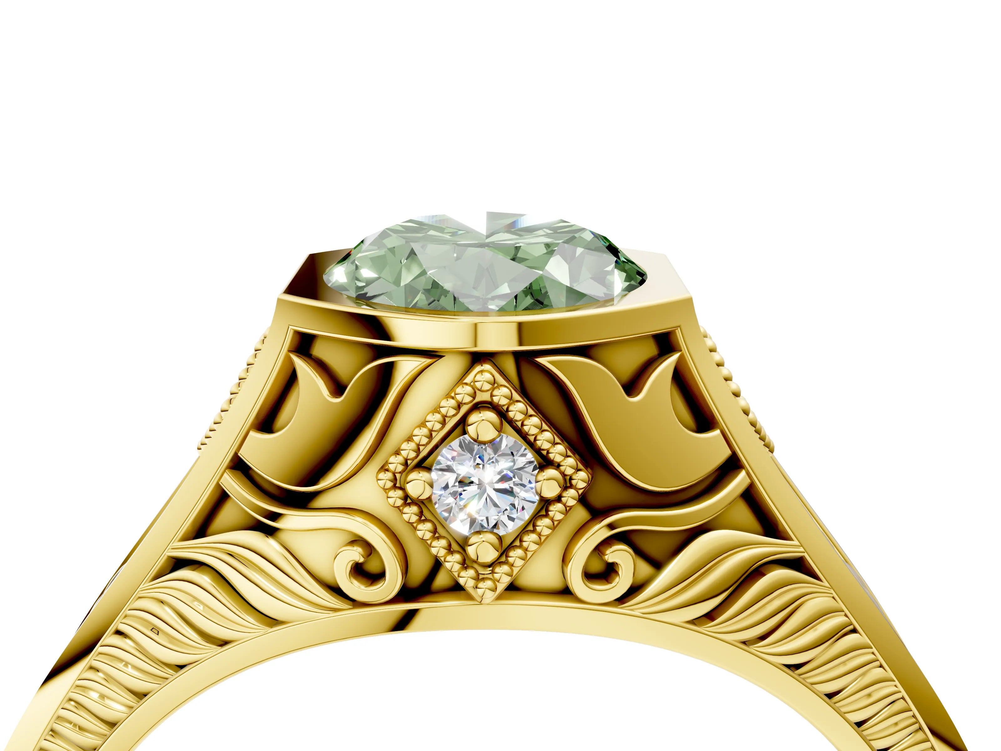Yellow gold Hexagonal Bezel Fancy Green Oval Cut Diamond Engraved Band Prong Ring_4