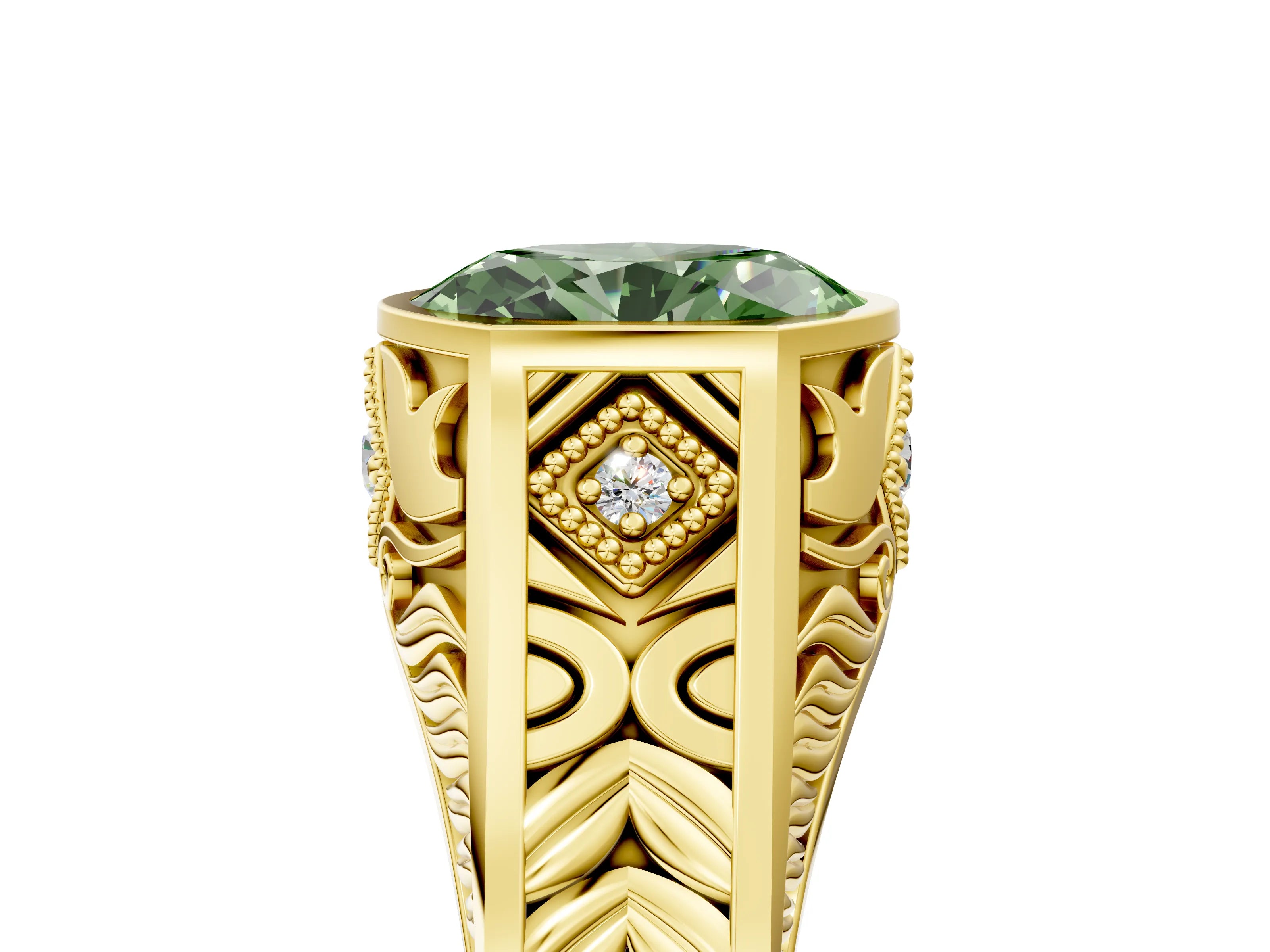 Yellow gold Hexagonal Bezel Fancy Green Oval Cut Diamond Engraved Band Prong Ring_5