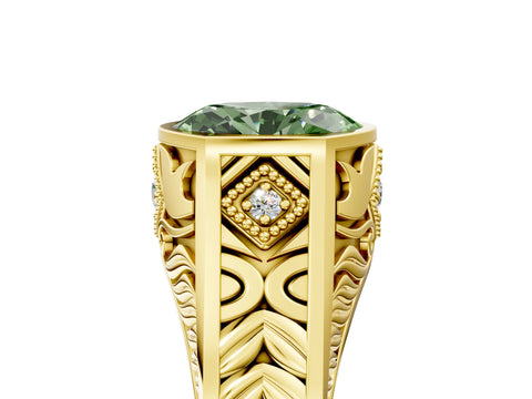 Yellow gold Hexagonal Bezel Fancy Green Oval Cut Diamond Engraved Band Prong Ring_5