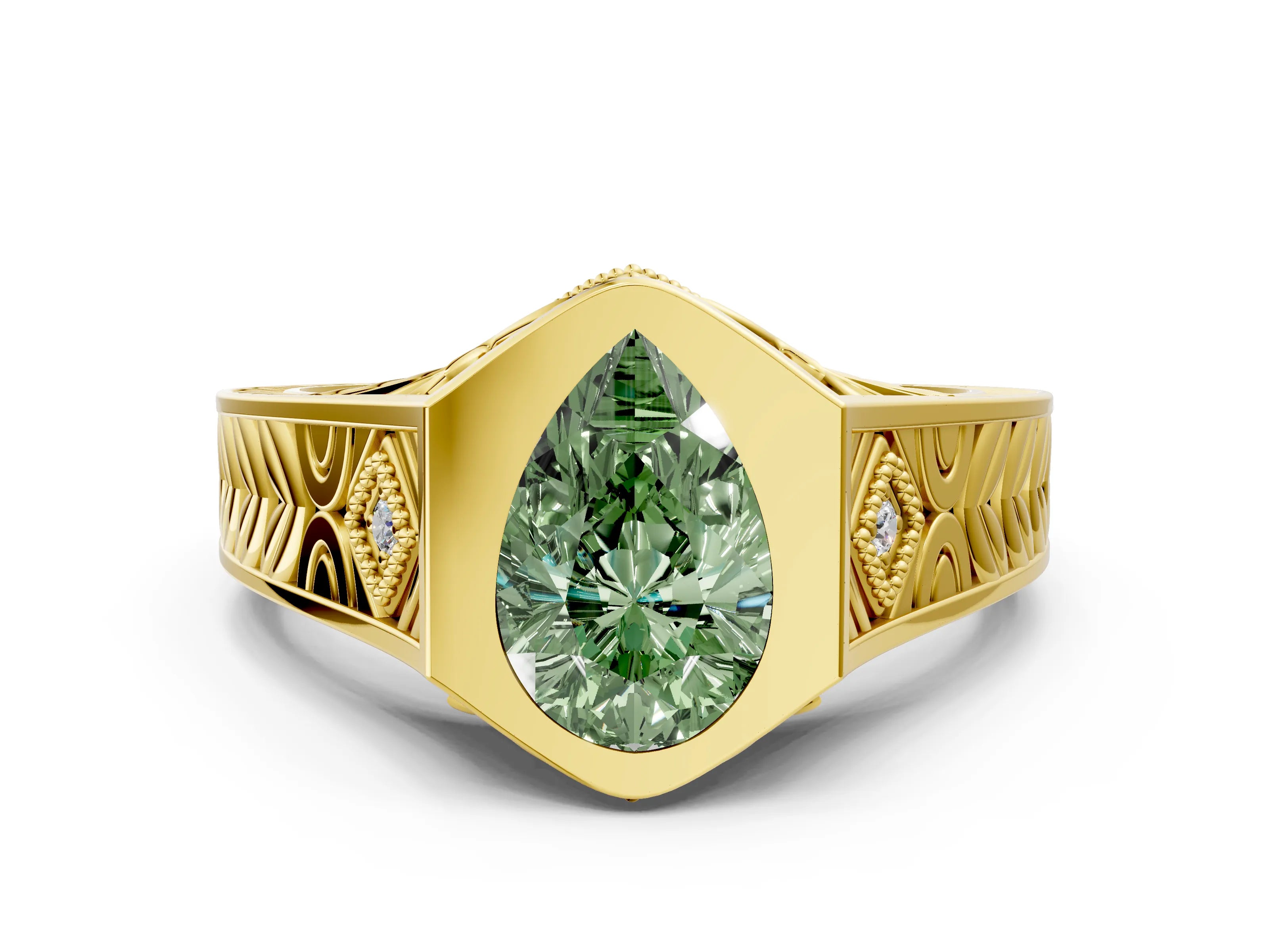 Yellow gold Hexagonal Bezel Fancy Green Pear Cut Diamond Engraved Band Prong Ring