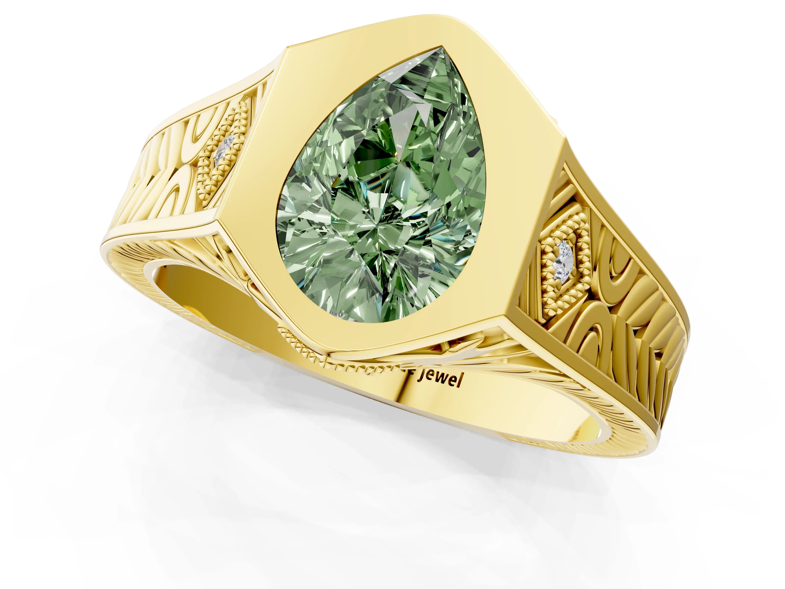 Yellow gold Hexagonal Bezel Fancy Green Pear Cut Diamond Engraved Band Prong Ring_1