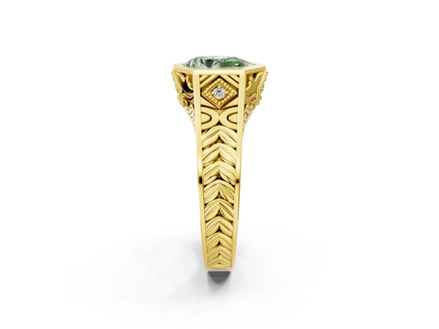 Yellow gold Hexagonal Bezel Fancy Green Pear Cut Diamond Engraved Band Prong Ring_2