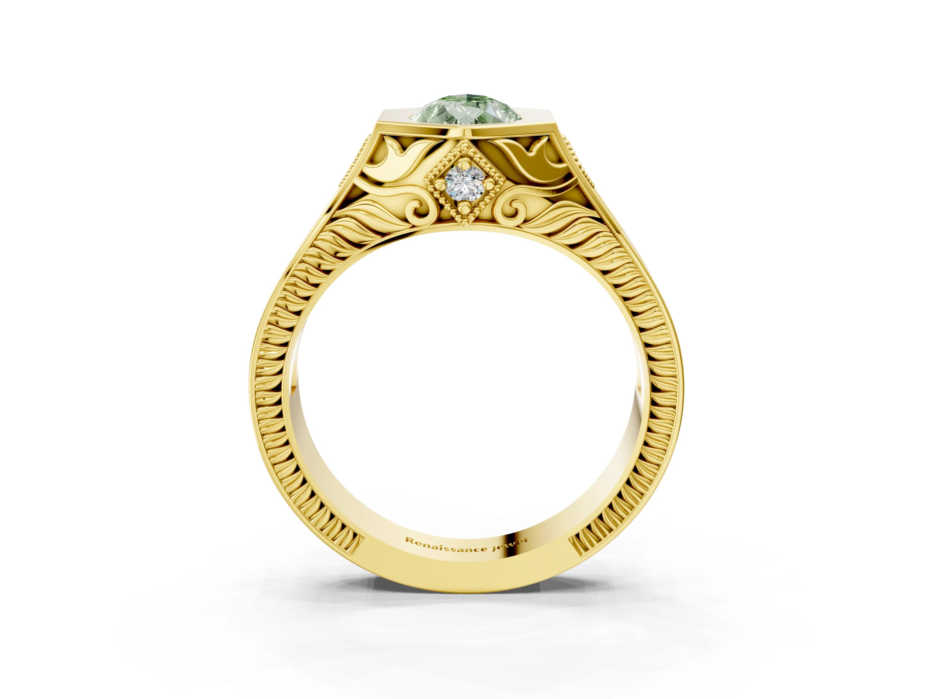 Yellow gold Hexagonal Bezel Fancy Green Pear Cut Diamond Engraved Band Prong Ring_3
