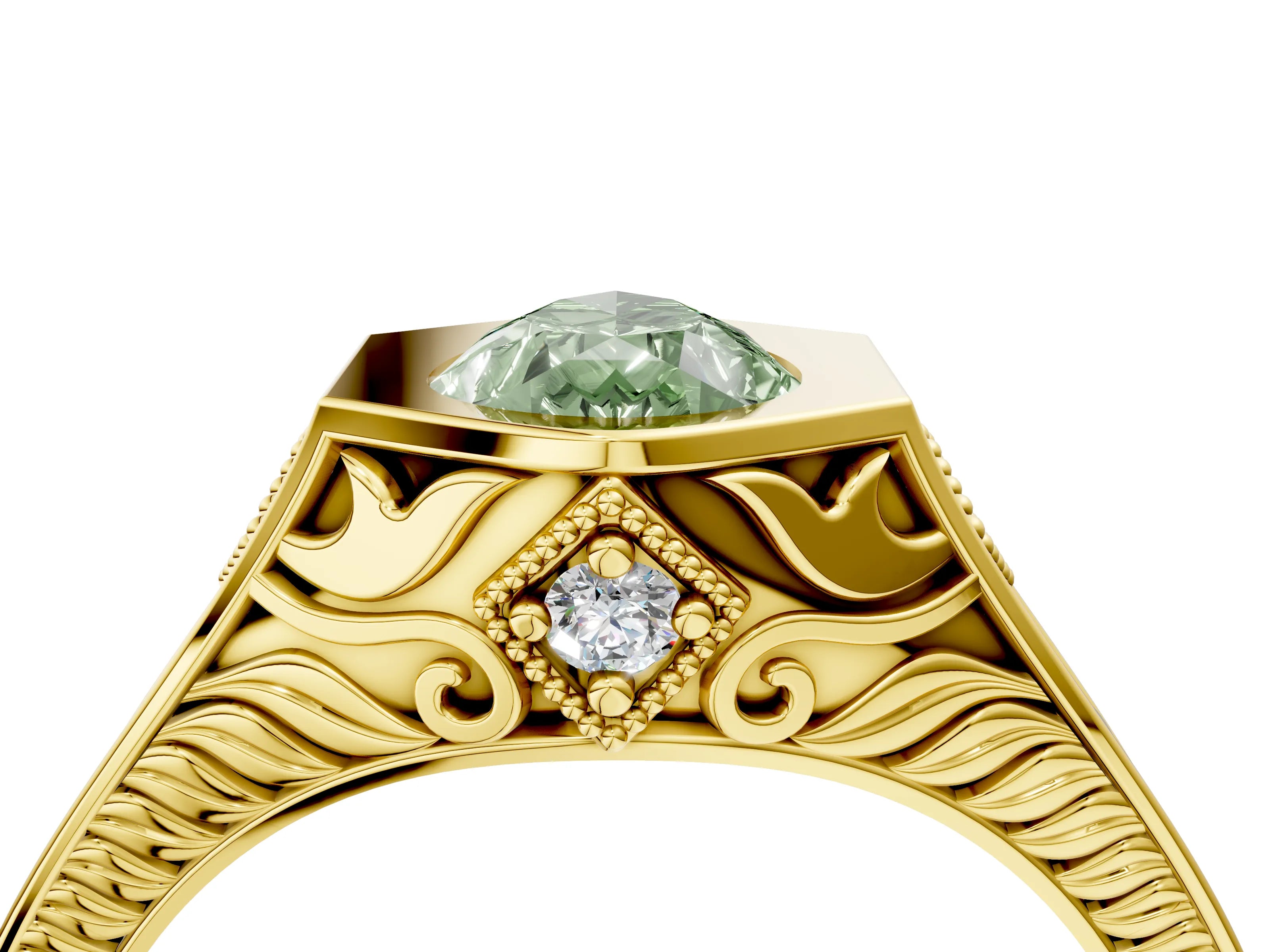 Yellow gold Hexagonal Bezel Fancy Green Pear Cut Diamond Engraved Band Prong Ring_4