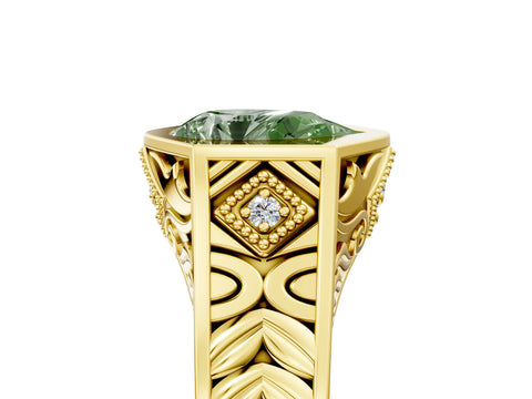 Yellow gold Hexagonal Bezel Fancy Green Pear Cut Diamond Engraved Band Prong Ring_5