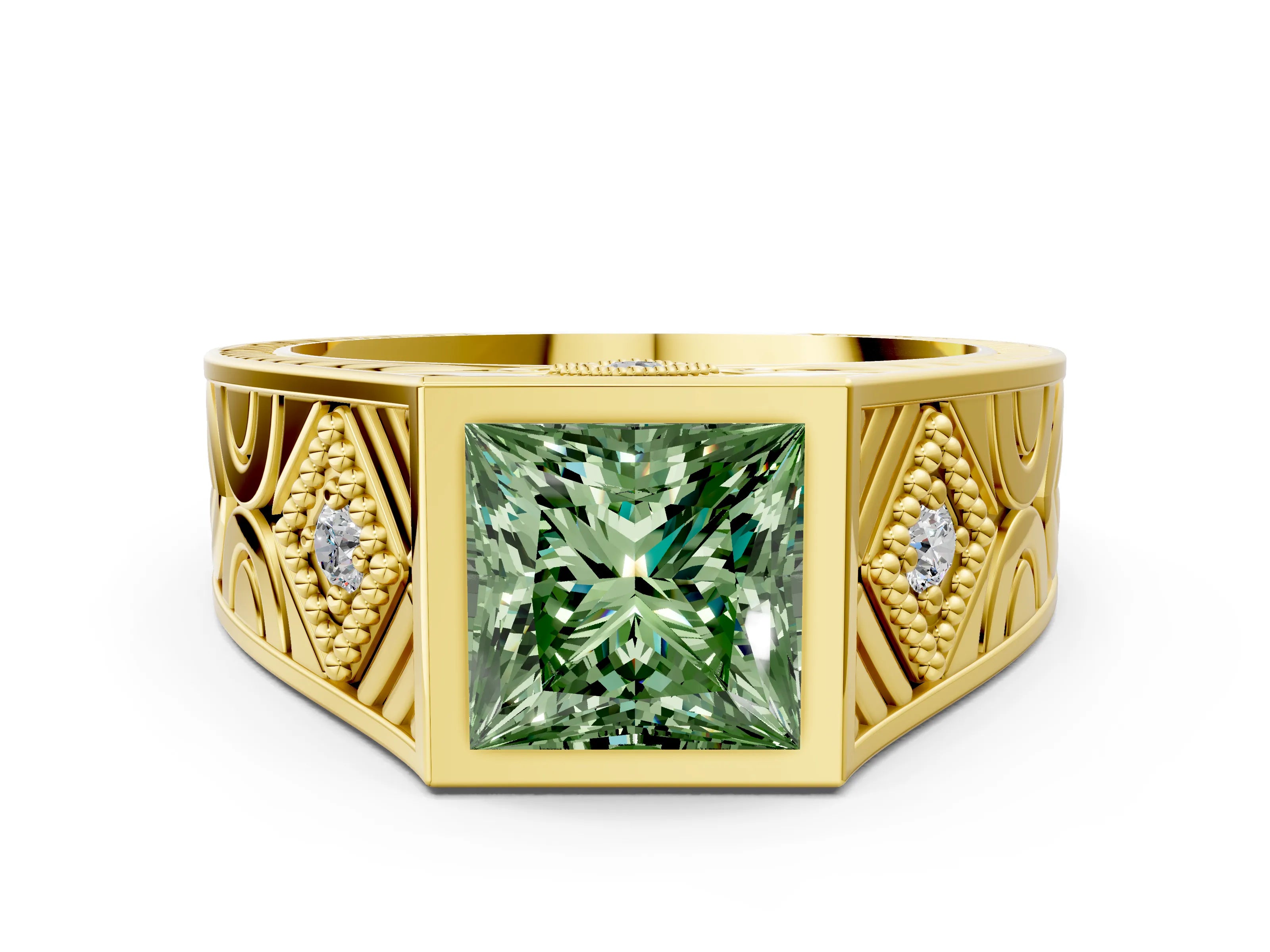 Yellow gold Hexagonal Bezel Fancy Green Princess Cut Diamond Engraved Band Prong Ring