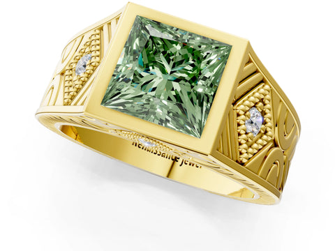 Yellow gold Hexagonal Bezel Fancy Green Princess Cut Diamond Engraved Band Prong Ring_1