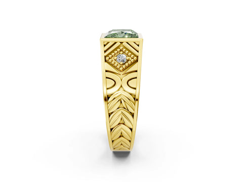 Yellow gold Hexagonal Bezel Fancy Green Princess Cut Diamond Engraved Band Prong Ring_2