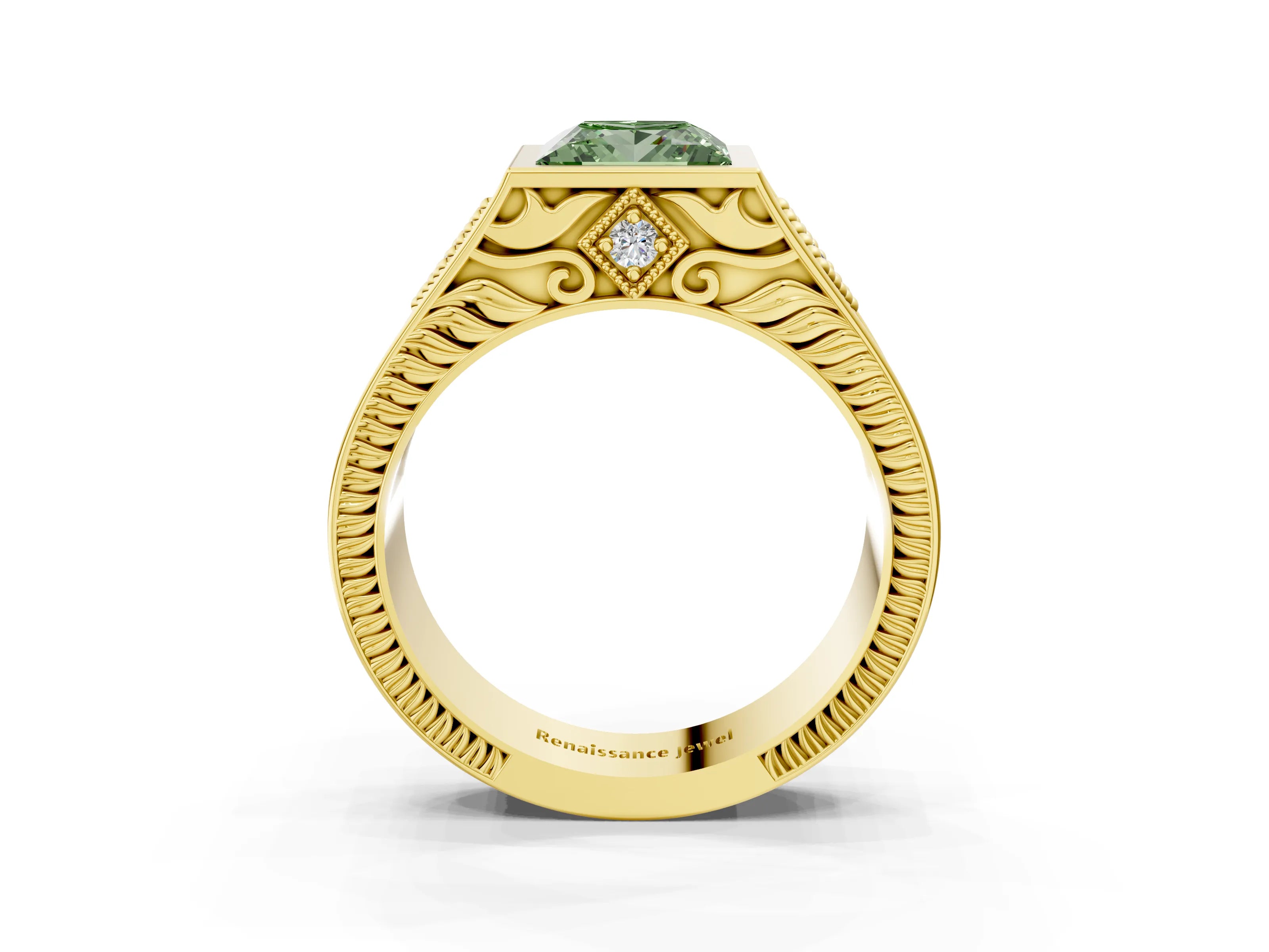 Yellow gold Hexagonal Bezel Fancy Green Princess Cut Diamond Engraved Band Prong Ring_3
