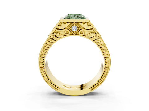 Yellow gold Hexagonal Bezel Fancy Green Princess Cut Diamond Engraved Band Prong Ring_3