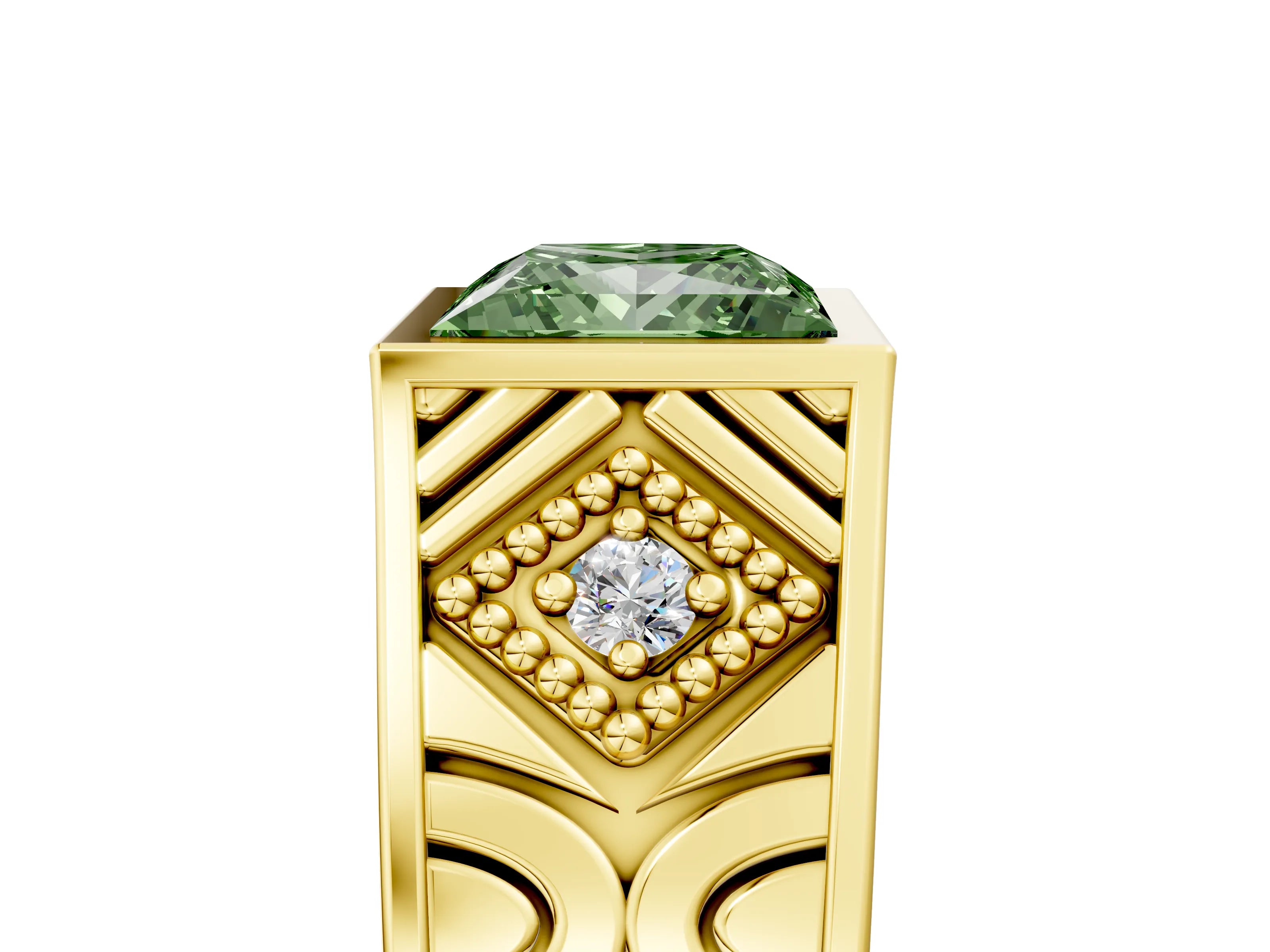 Yellow gold Hexagonal Bezel Fancy Green Princess Cut Diamond Engraved Band Prong Ring_5