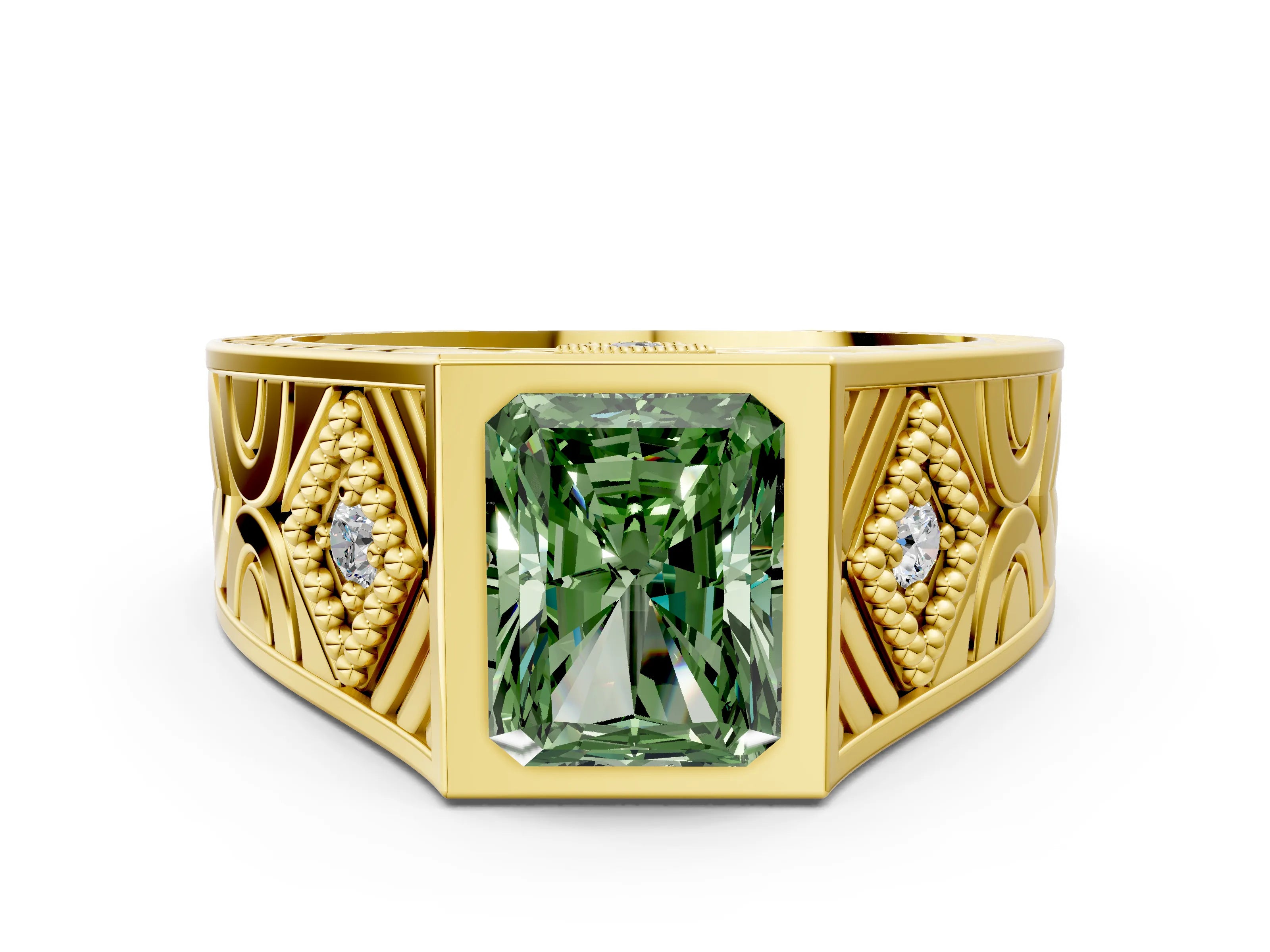 Yellow gold Hexagonal Bezel Fancy Green Radiant Cut Diamond Engraved Band Prong Ring