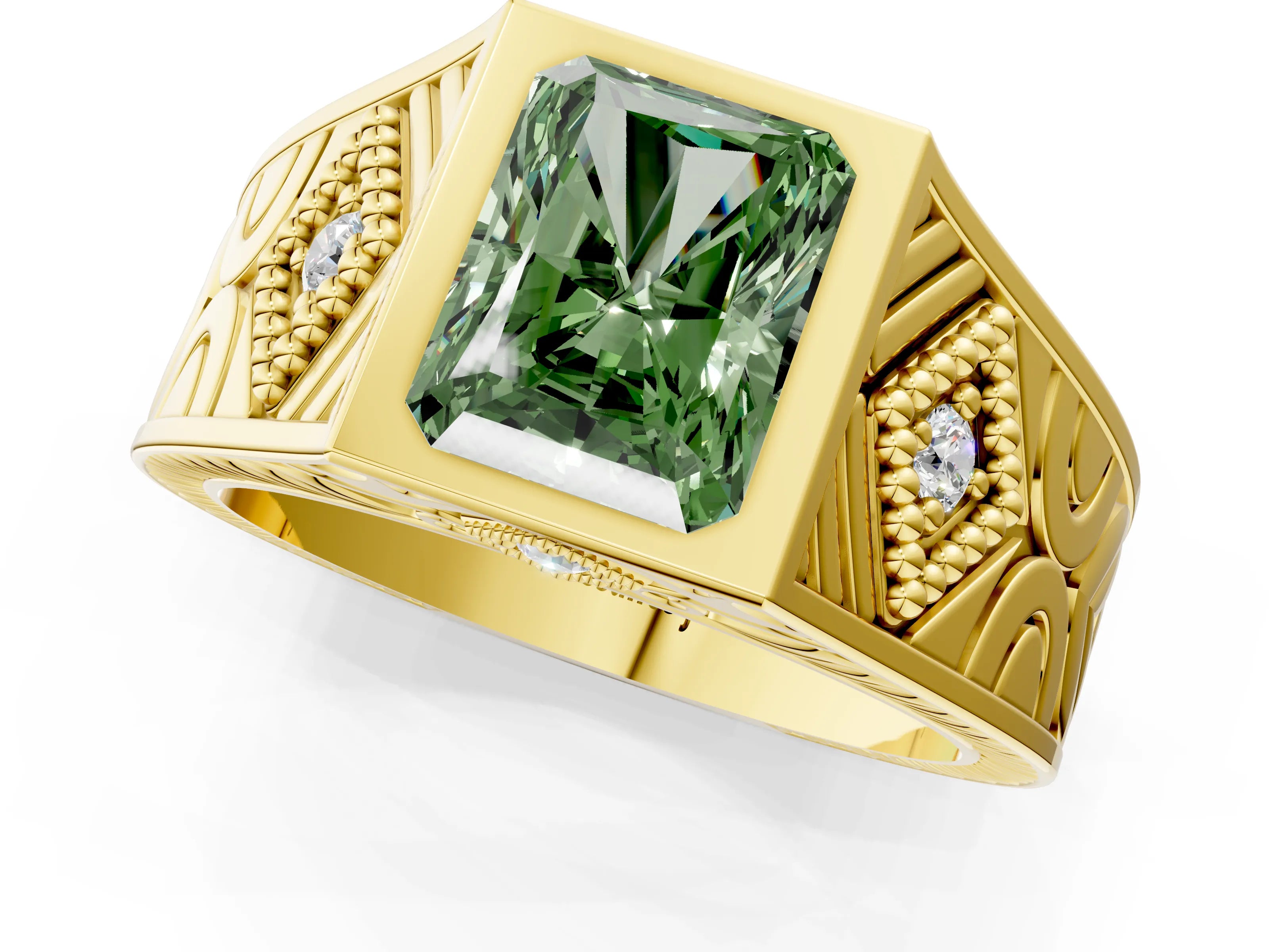 Yellow gold Hexagonal Bezel Fancy Green Radiant Cut Diamond Engraved Band Prong Ring_1