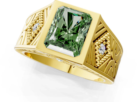 Yellow gold Hexagonal Bezel Fancy Green Radiant Cut Diamond Engraved Band Prong Ring_1