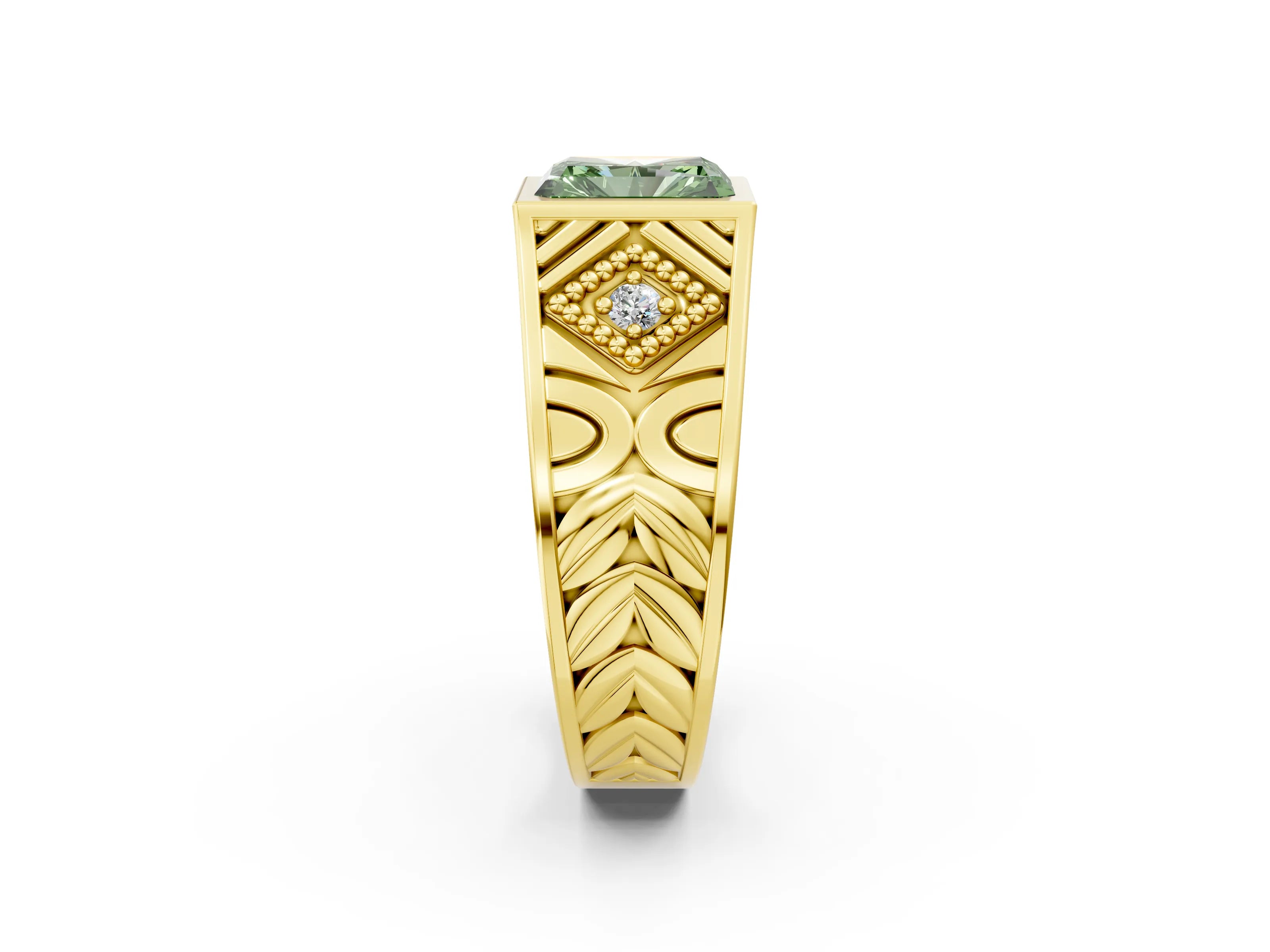 Yellow gold Hexagonal Bezel Fancy Green Radiant Cut Diamond Engraved Band Prong Ring_2