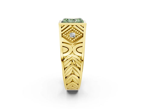 Yellow gold Hexagonal Bezel Fancy Green Radiant Cut Diamond Engraved Band Prong Ring_2
