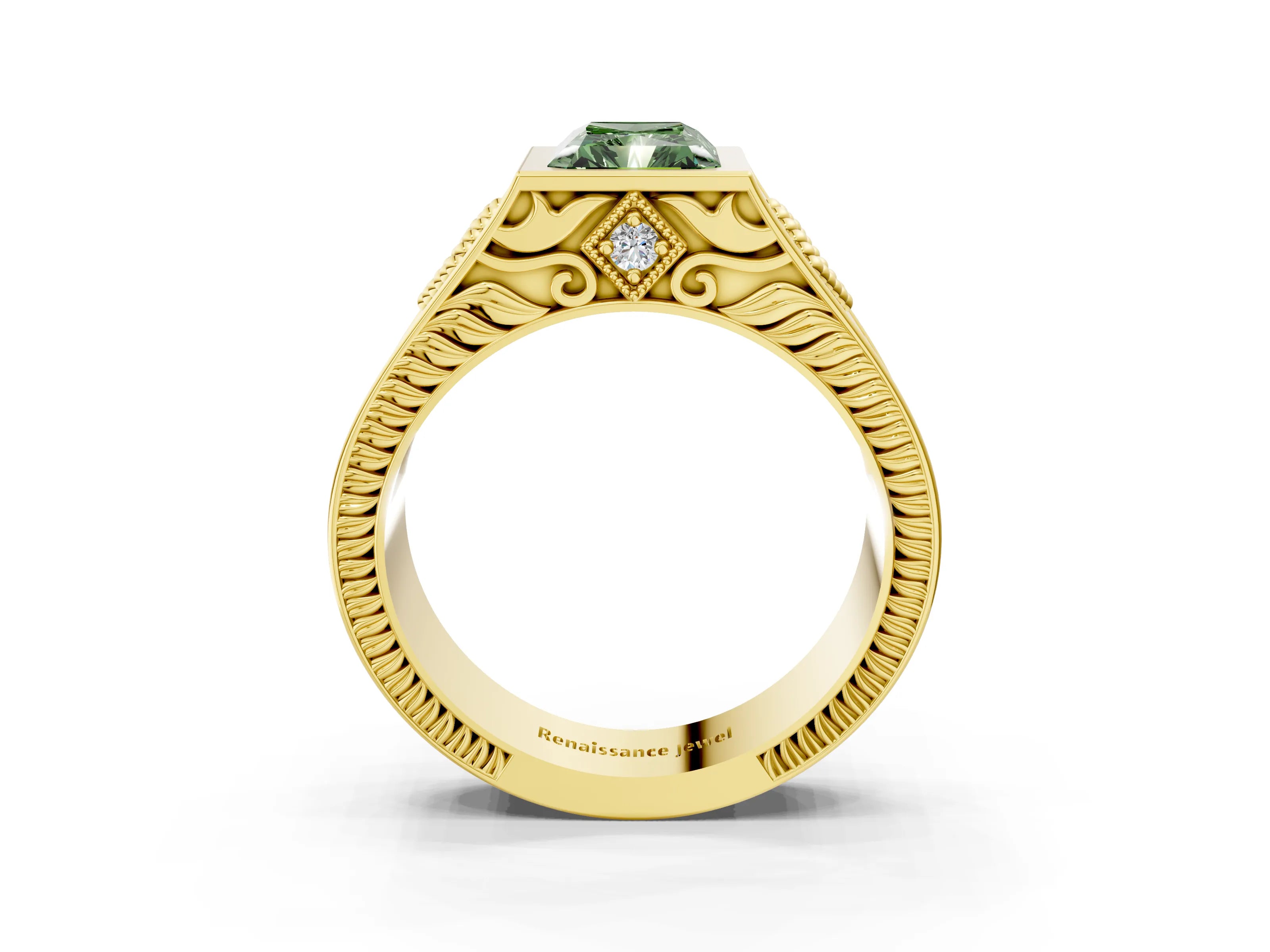 Yellow gold Hexagonal Bezel Fancy Green Radiant Cut Diamond Engraved Band Prong Ring_3