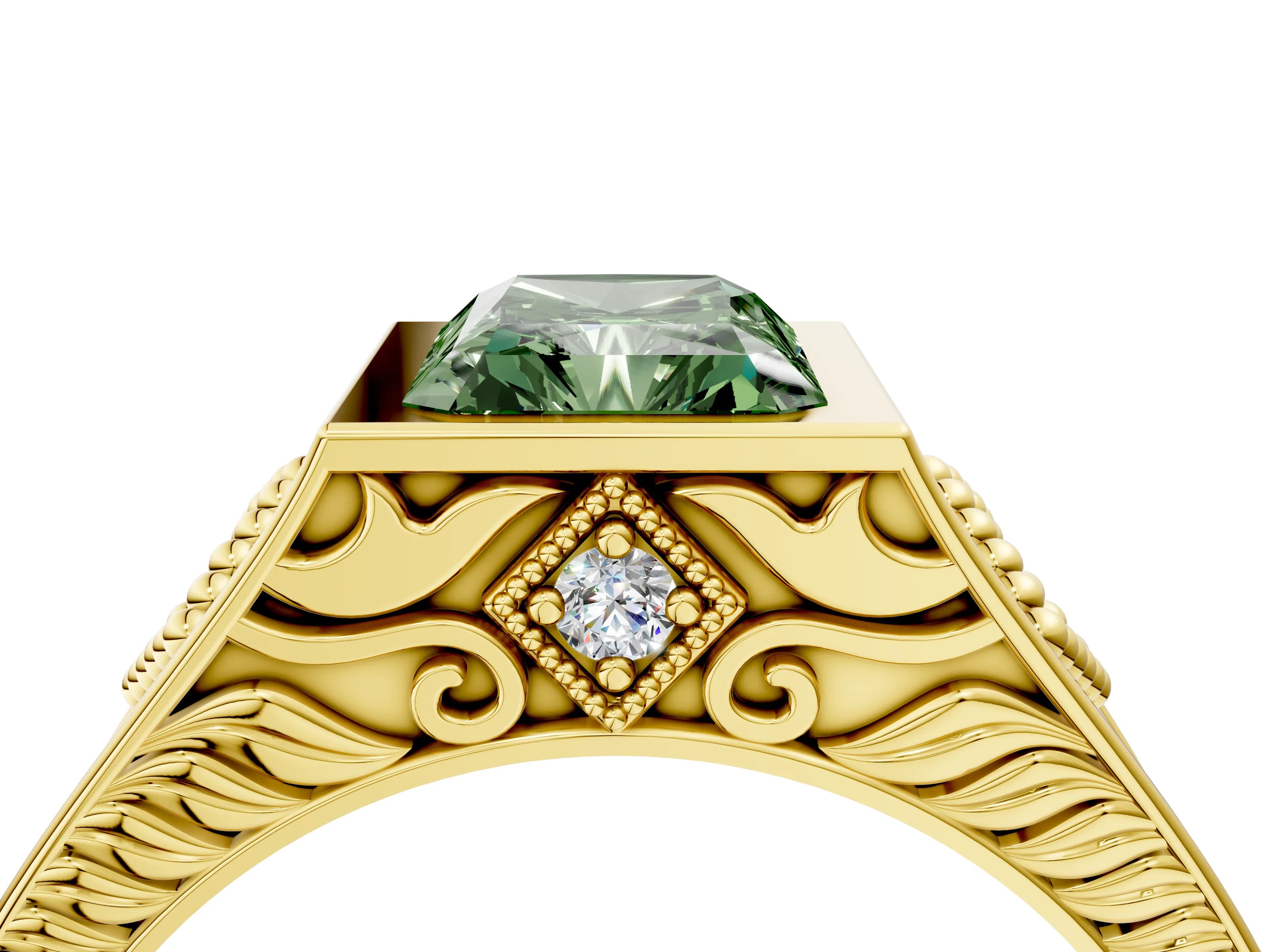 Yellow gold Hexagonal Bezel Fancy Green Radiant Cut Diamond Engraved Band Prong Ring_4