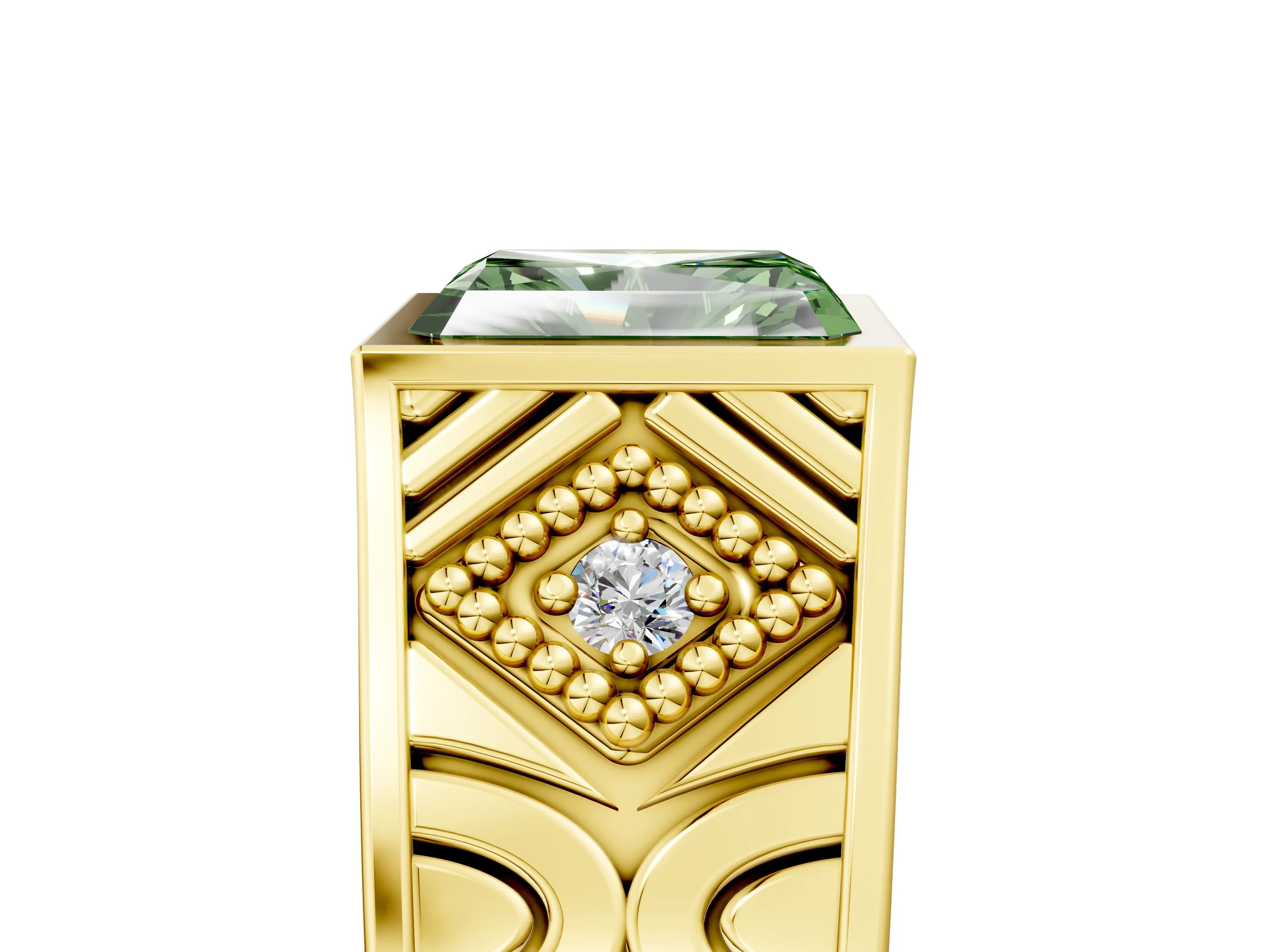 Yellow gold Hexagonal Bezel Fancy Green Radiant Cut Diamond Engraved Band Prong Ring_5