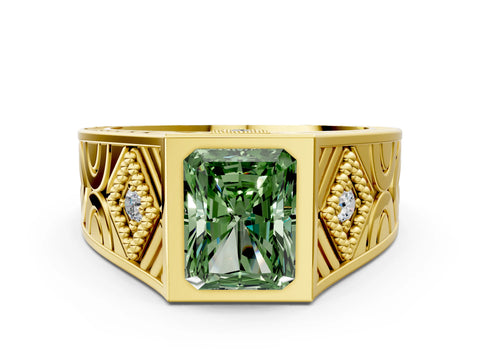 Yellow gold Hexagonal Bezel Fancy Green Radiant Cut Diamond Engraved Band Prong Ring
