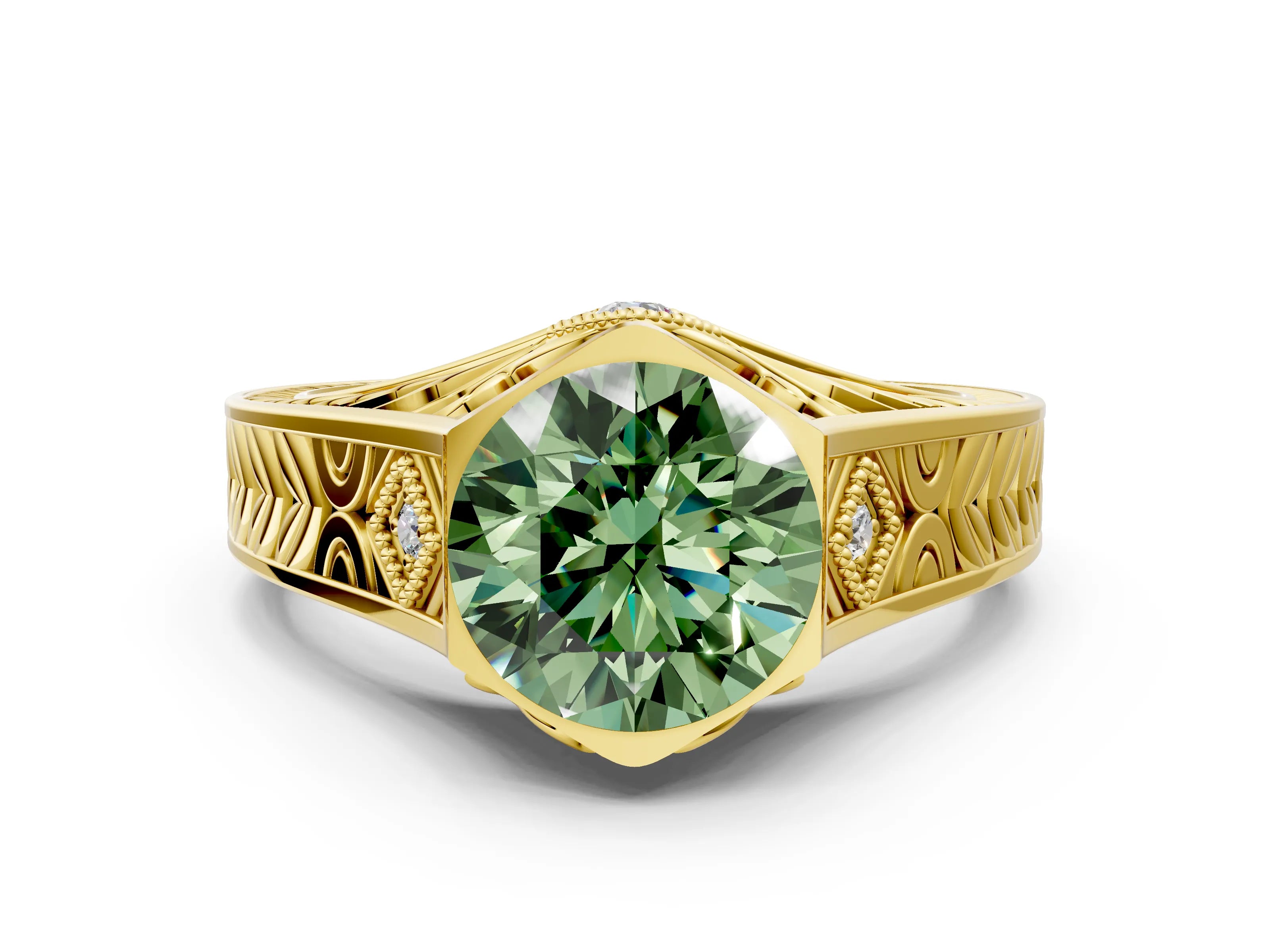 Yellow gold Hexagonal Bezel Fancy Green Round Cut Diamond Engraved Band Prong Ring