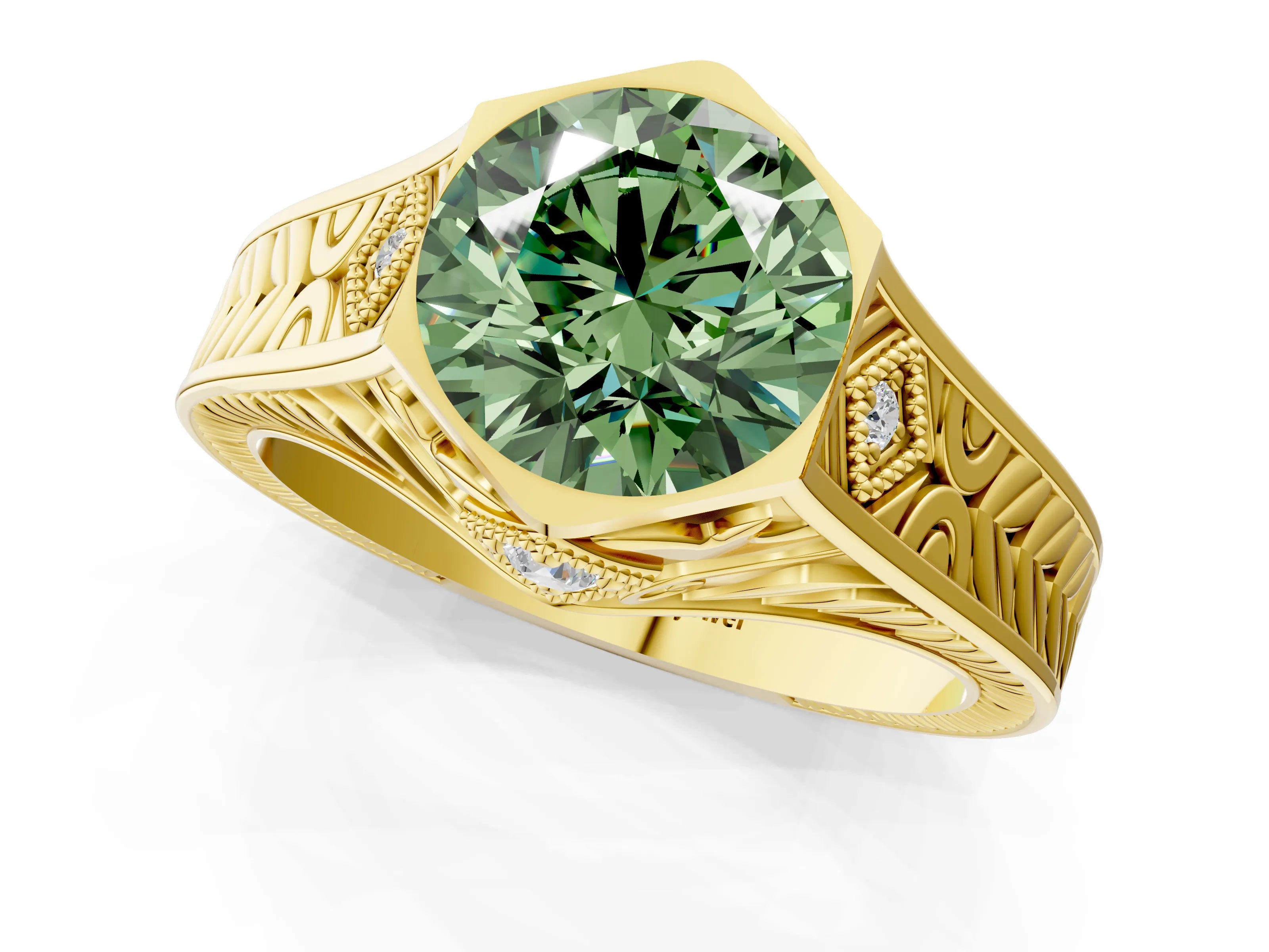 Yellow gold Hexagonal Bezel Fancy Green Round Cut Diamond Engraved Band Prong Ring_1