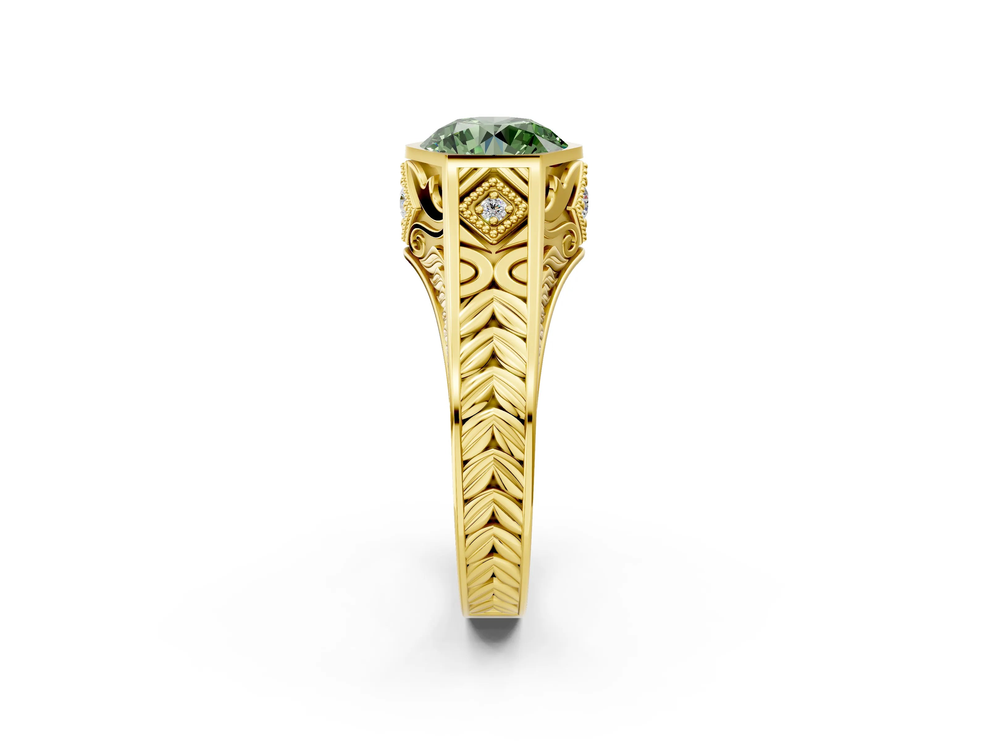 Yellow gold Hexagonal Bezel Fancy Green Round Cut Diamond Engraved Band Prong Ring_2