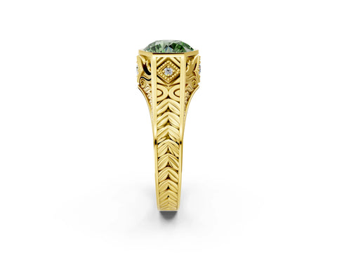 Yellow gold Hexagonal Bezel Fancy Green Round Cut Diamond Engraved Band Prong Ring_2