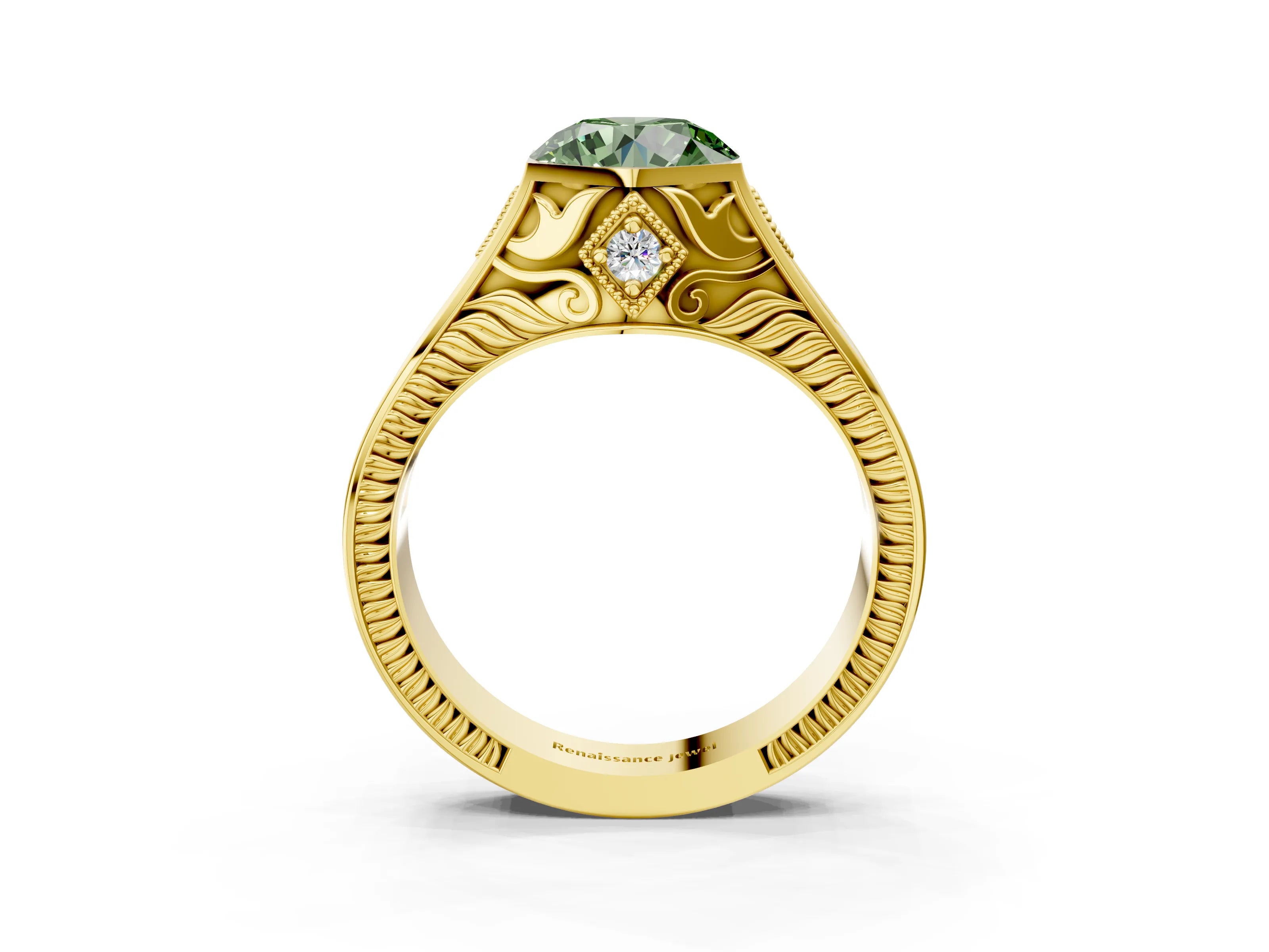 Yellow gold Hexagonal Bezel Fancy Green Round Cut Diamond Engraved Band Prong Ring_3