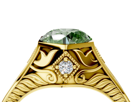 Yellow gold Hexagonal Bezel Fancy Green Round Cut Diamond Engraved Band Prong Ring_4