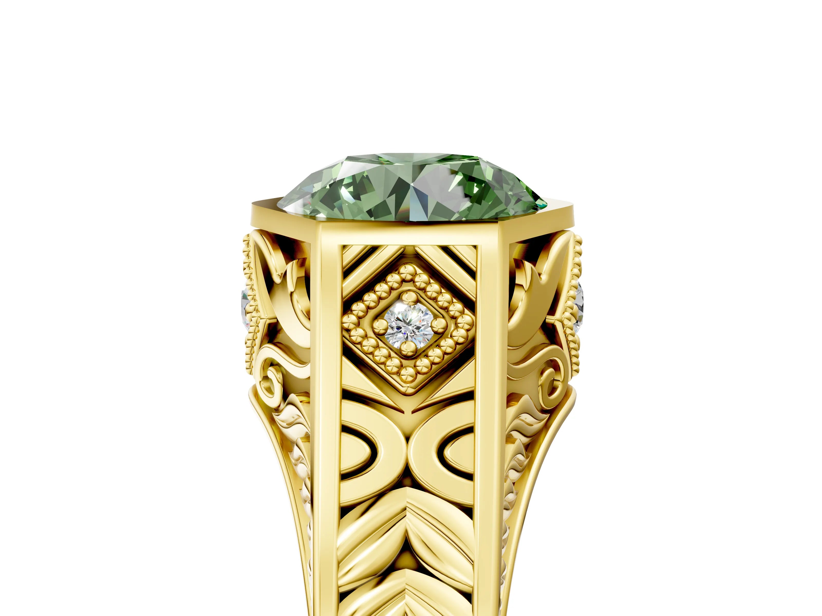 Yellow gold Hexagonal Bezel Fancy Green Round Cut Diamond Engraved Band Prong Ring_5