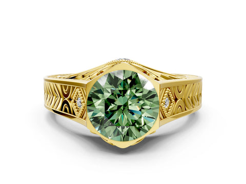 Yellow gold Hexagonal Bezel Fancy Green Round Cut Diamond Engraved Band Prong Ring