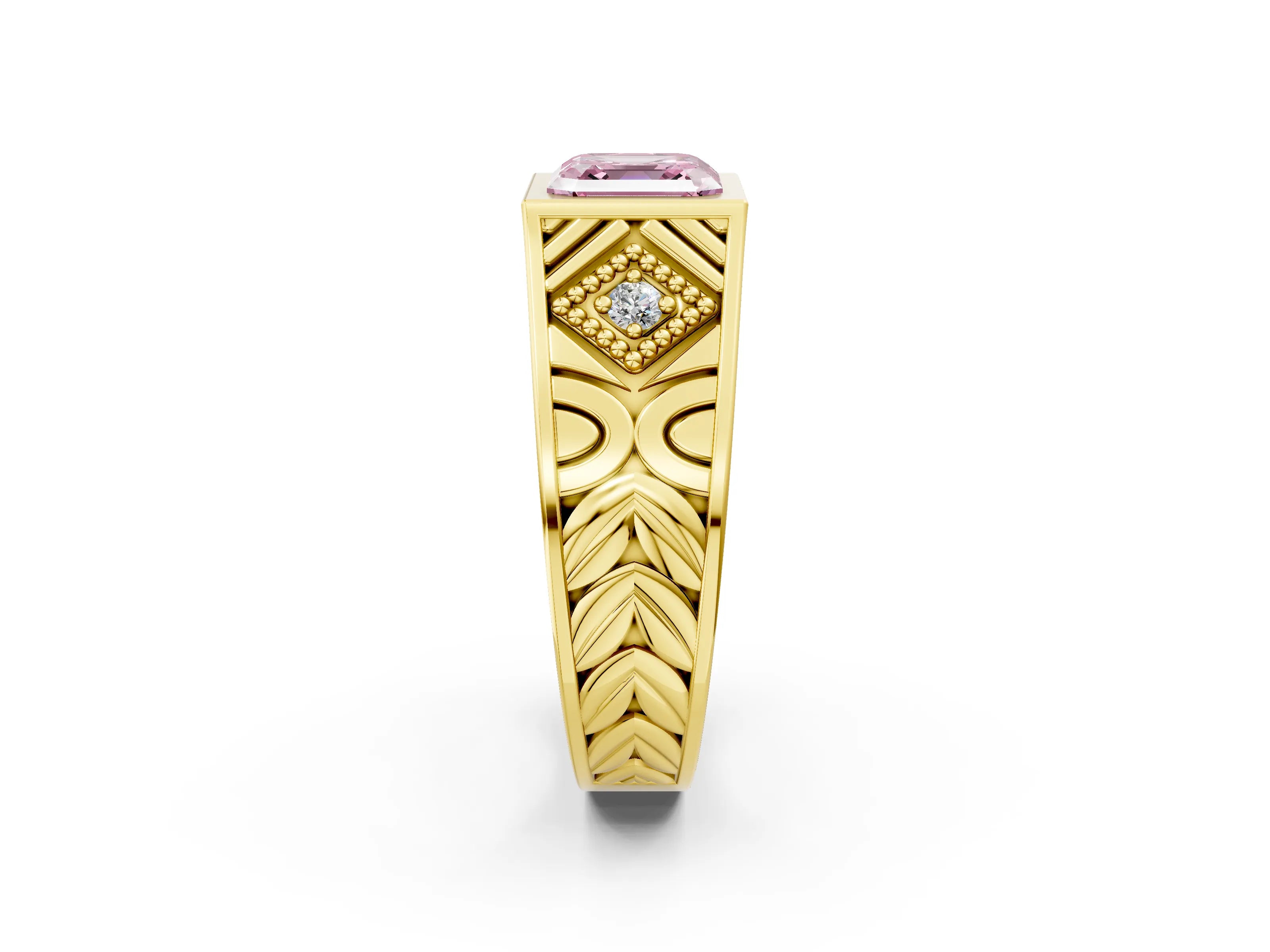 Yellow gold Hexagonal Bezel Fancy Pink Asscher Cut Diamond Engraved Band Prong Ring_2