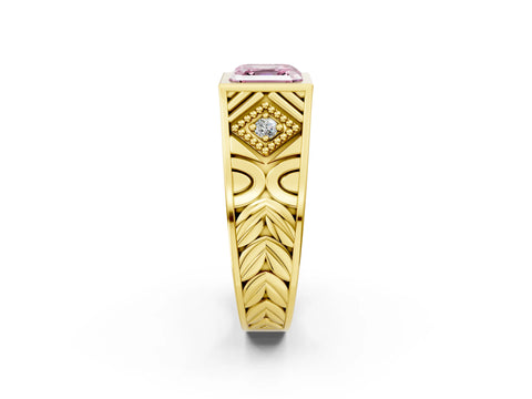 Yellow gold Hexagonal Bezel Fancy Pink Asscher Cut Diamond Engraved Band Prong Ring_2