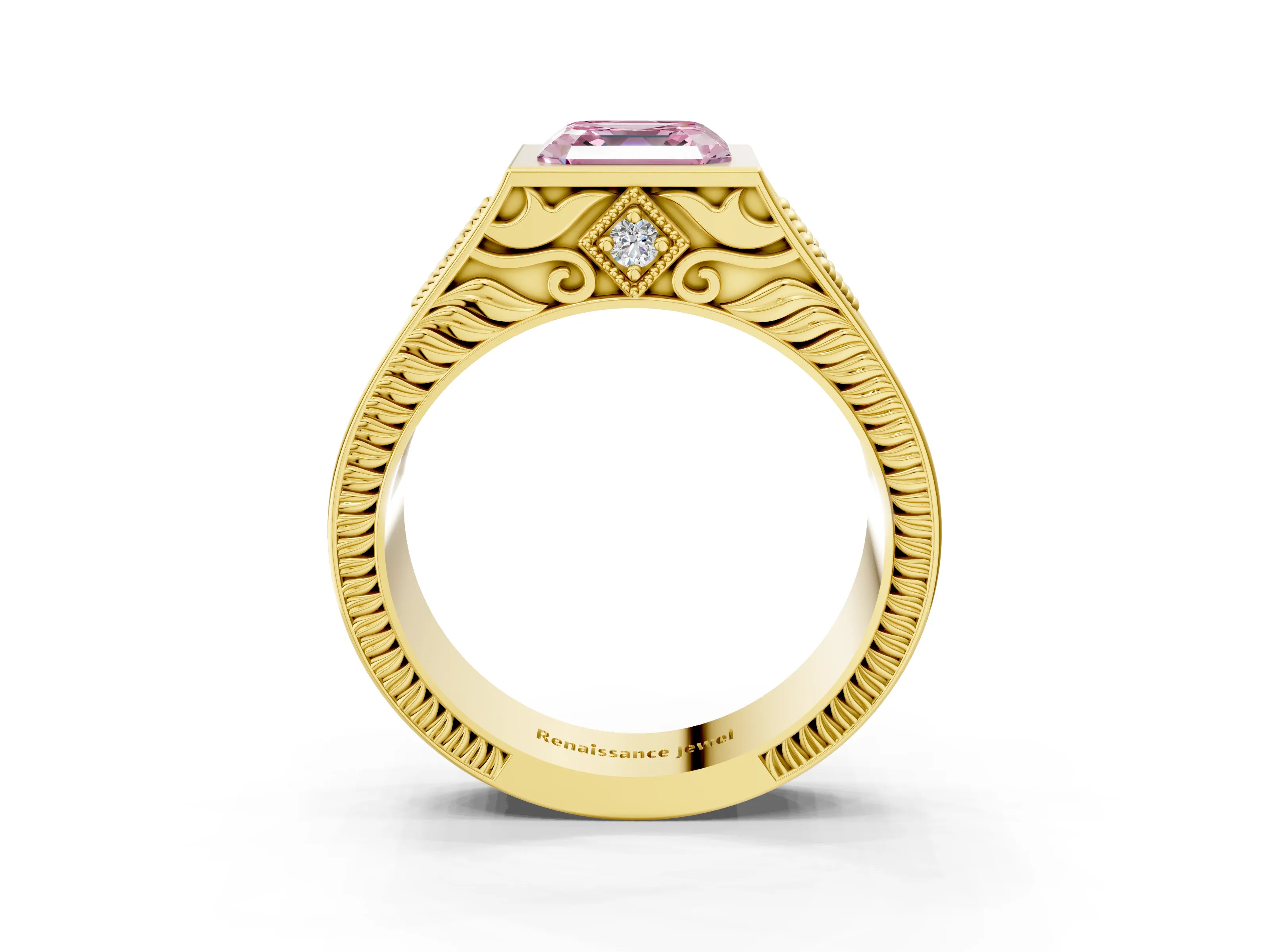 Yellow gold Hexagonal Bezel Fancy Pink Asscher Cut Diamond Engraved Band Prong Ring_3