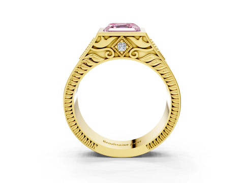 Yellow gold Hexagonal Bezel Fancy Pink Asscher Cut Diamond Engraved Band Prong Ring_3