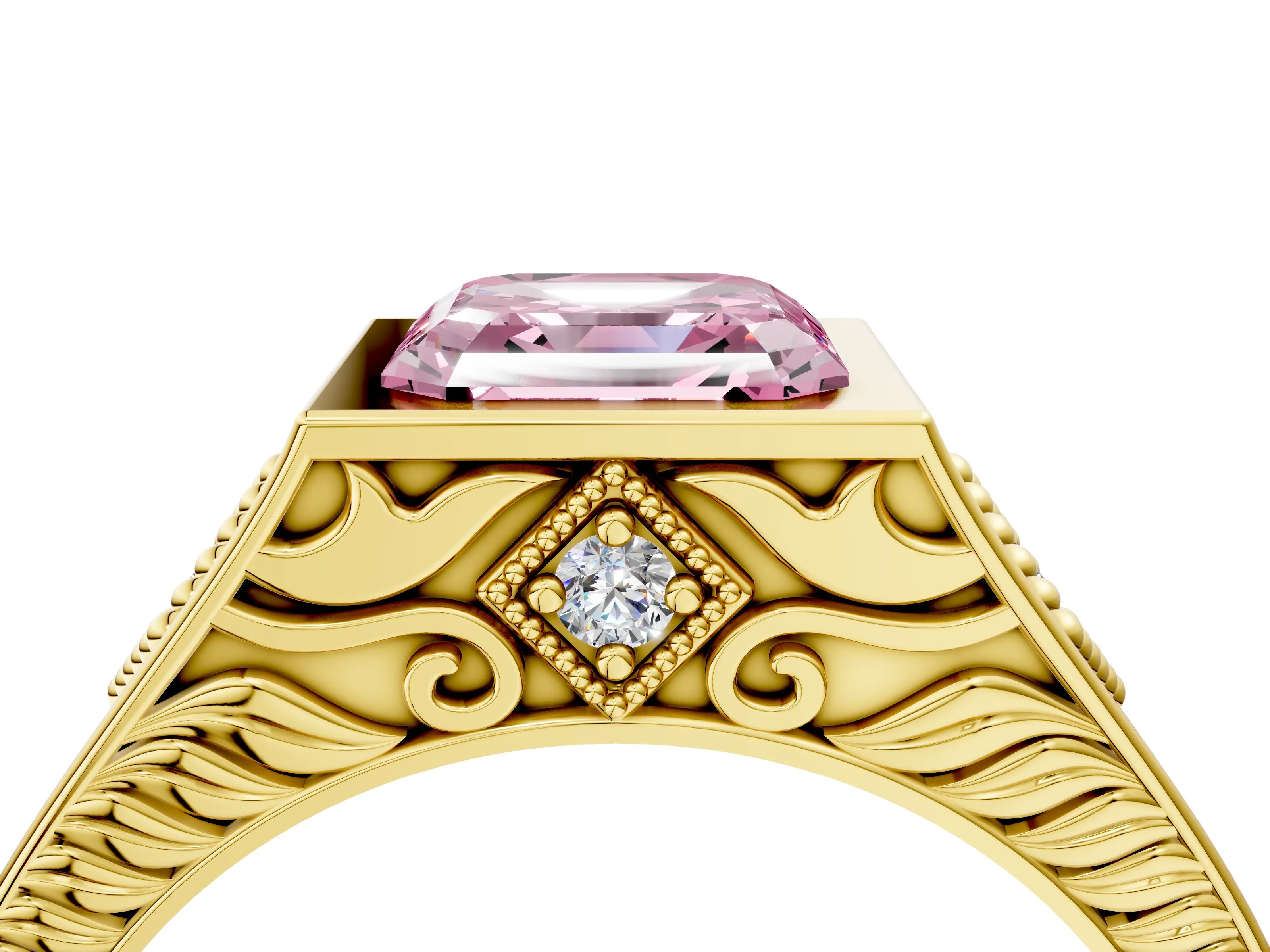 Yellow gold Hexagonal Bezel Fancy Pink Asscher Cut Diamond Engraved Band Prong Ring_4