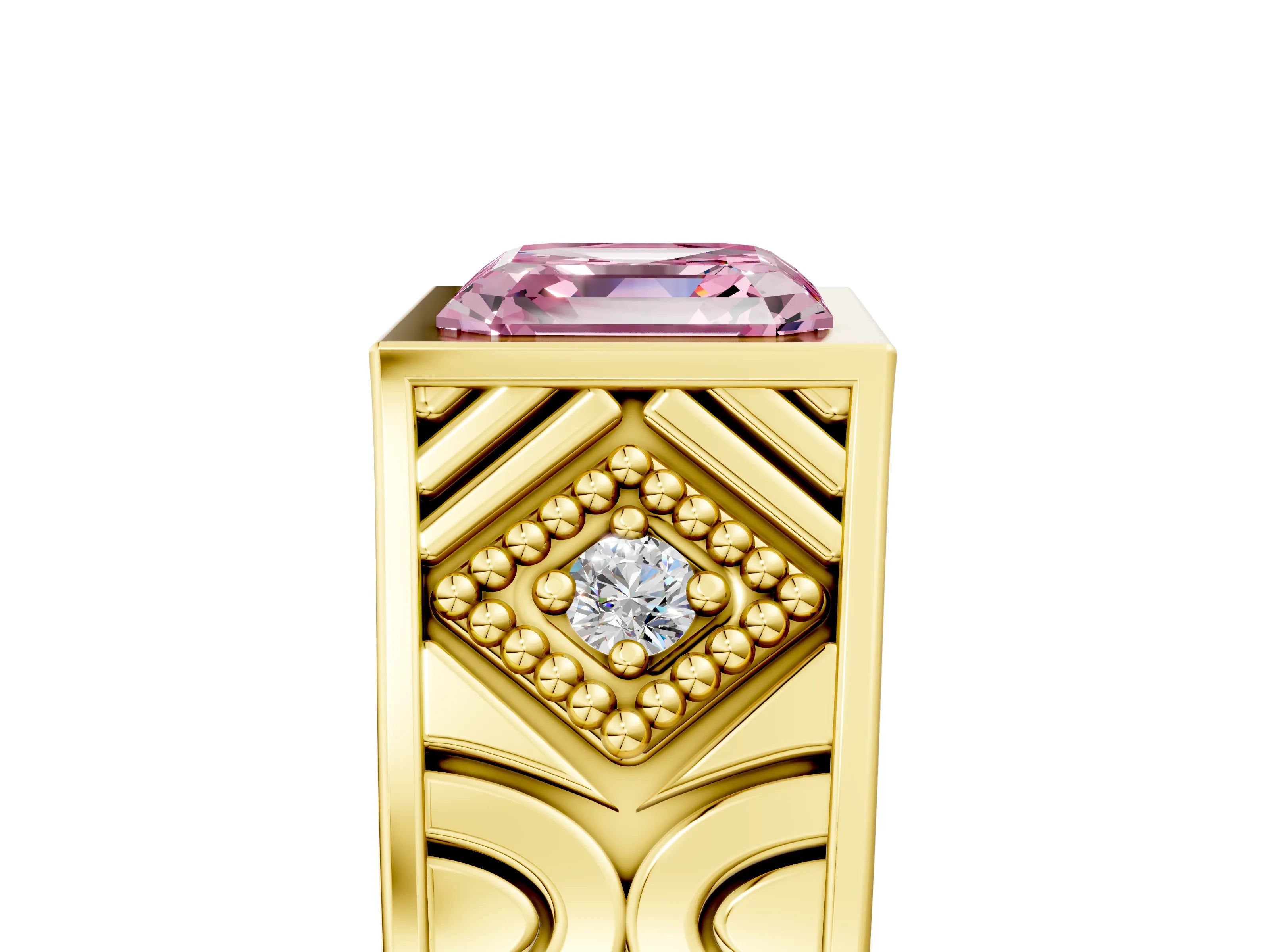 Yellow gold Hexagonal Bezel Fancy Pink Asscher Cut Diamond Engraved Band Prong Ring_5