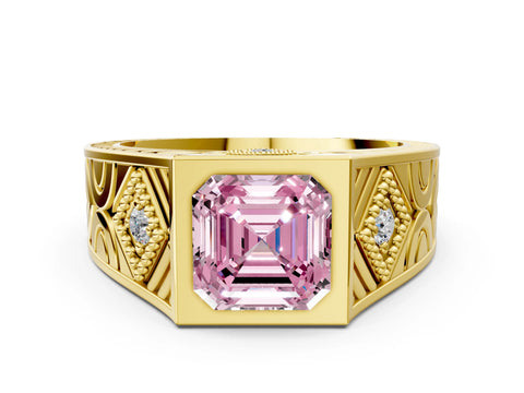 Yellow gold Hexagonal Bezel Fancy Pink Asscher Cut Diamond Engraved Band Prong Ring